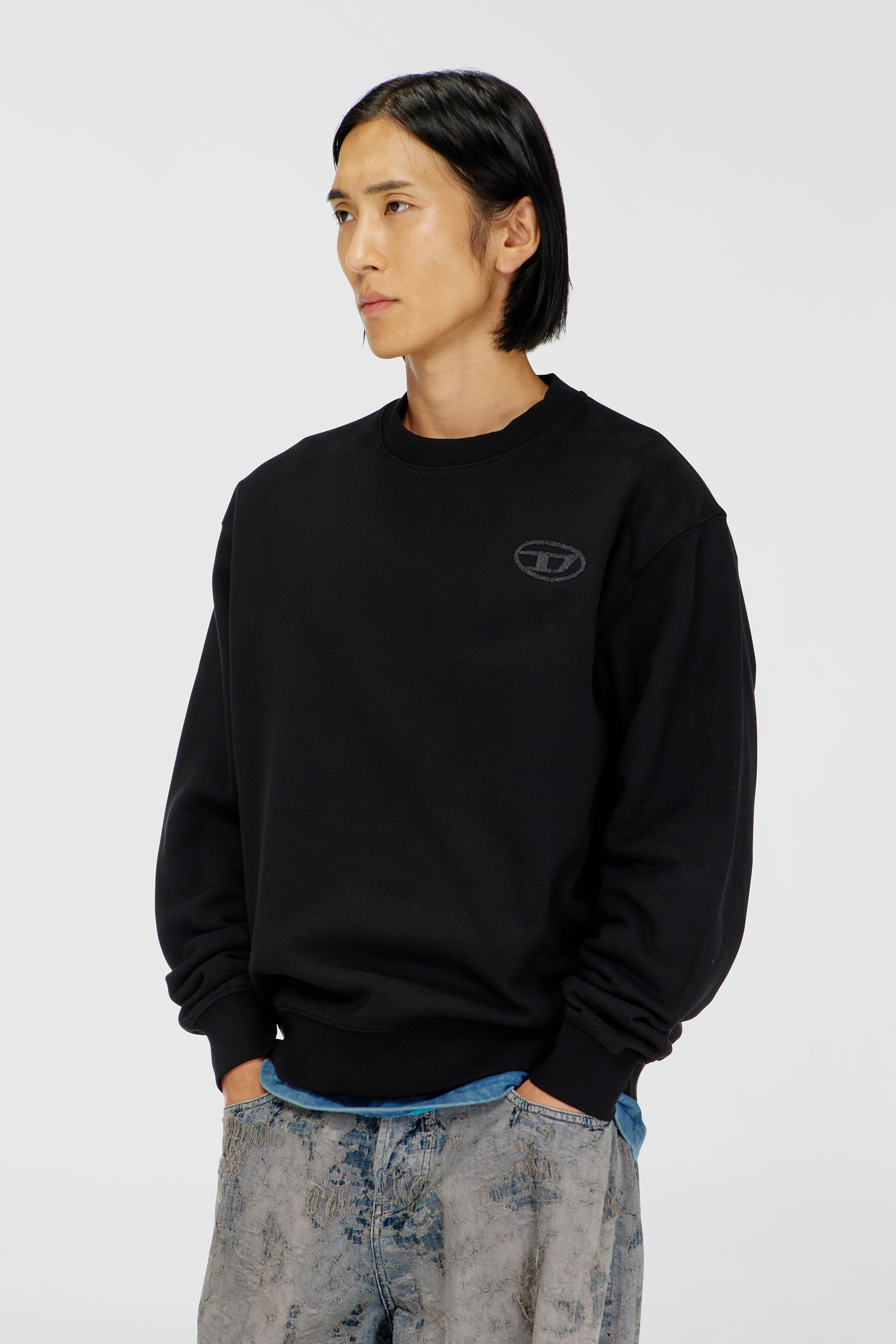 Diesel - S-LUK-R-T92, Jersey de algod&oacute;n con bordado del logotipo Oval D tono sobre tono Hombre in Negro - 3