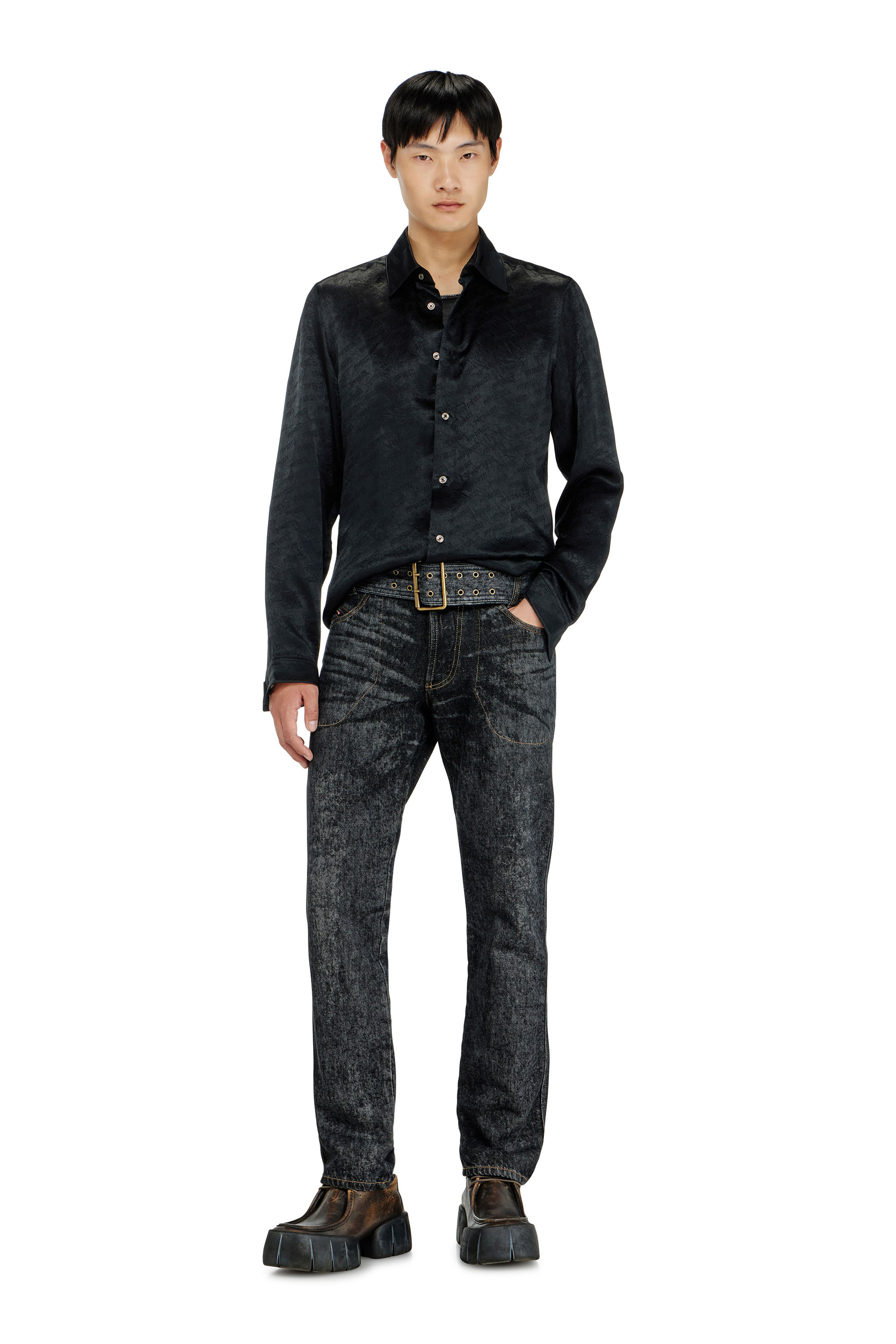 Diesel - S-KINNY-EFBZ, Camisa de sat&eacute;n arrugado jacquard con logo Hombre in ToBeDefined - 2