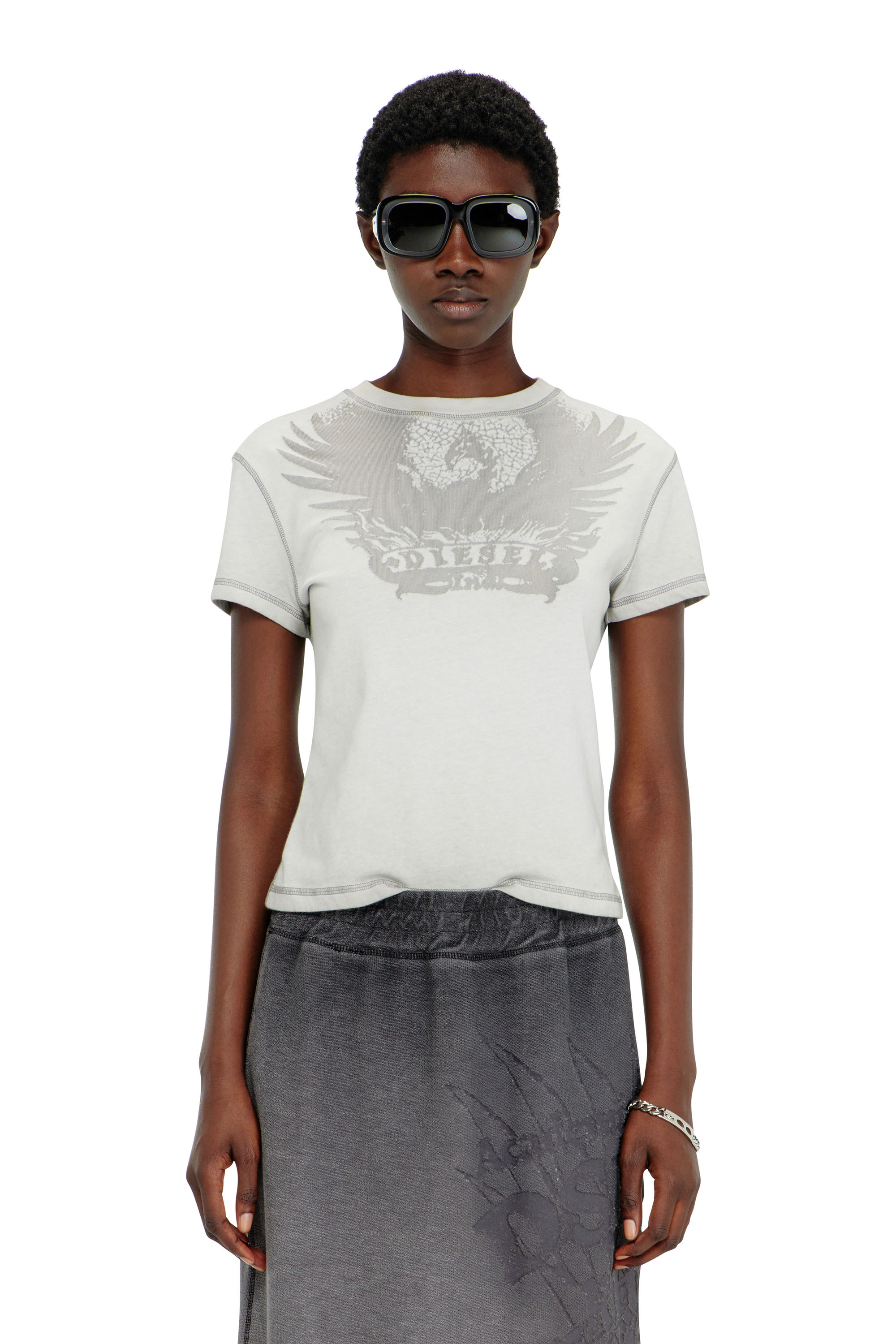Diesel - O-BEAUTY, Falda midi de felpa con estampado devor&eacute; Mujer in Gris - 2