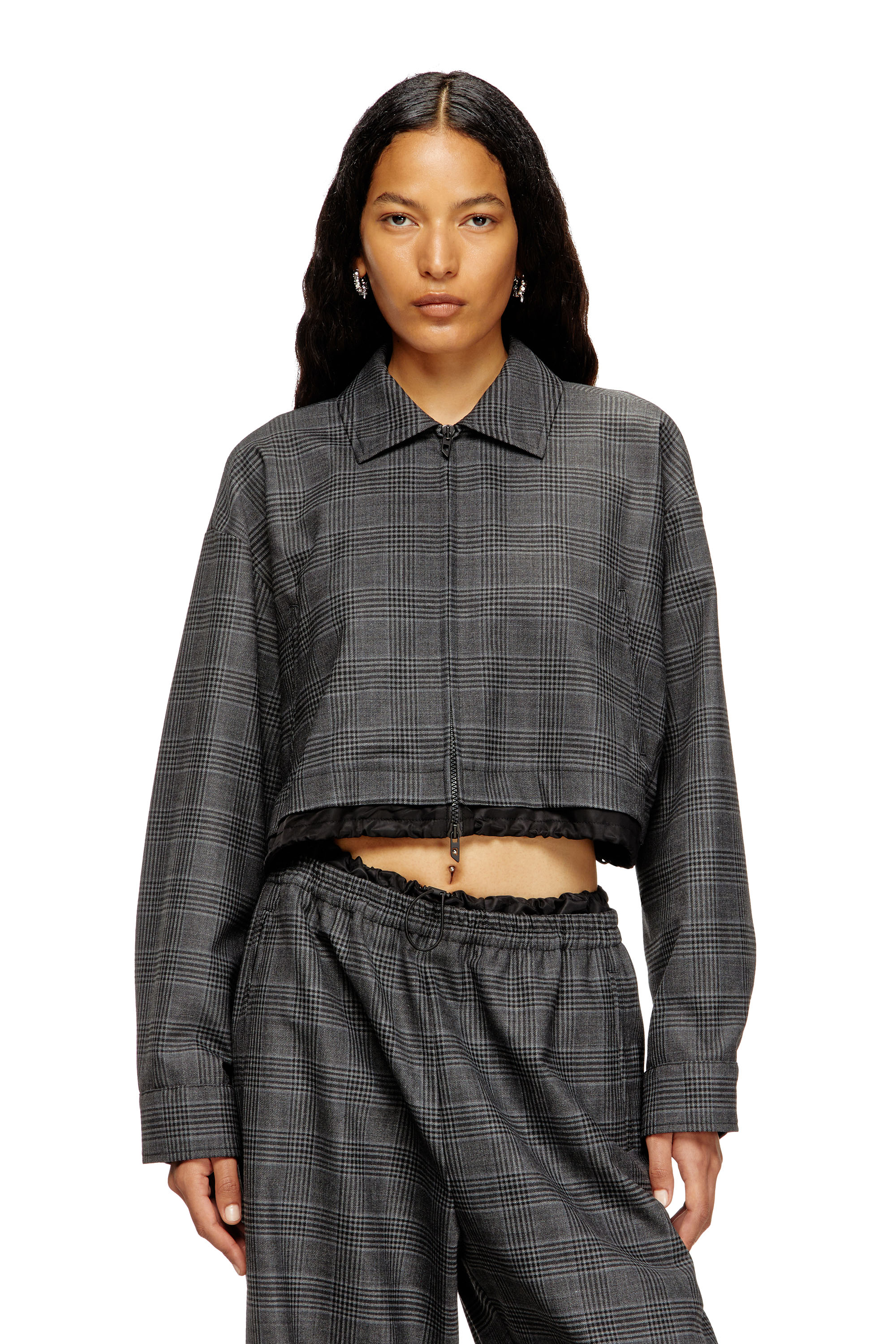 Diesel - J-TING-FEM, Chaqueta recortada estilo coach de mezcla de lana Príncipe de Gales Mujer in Negro - 1
