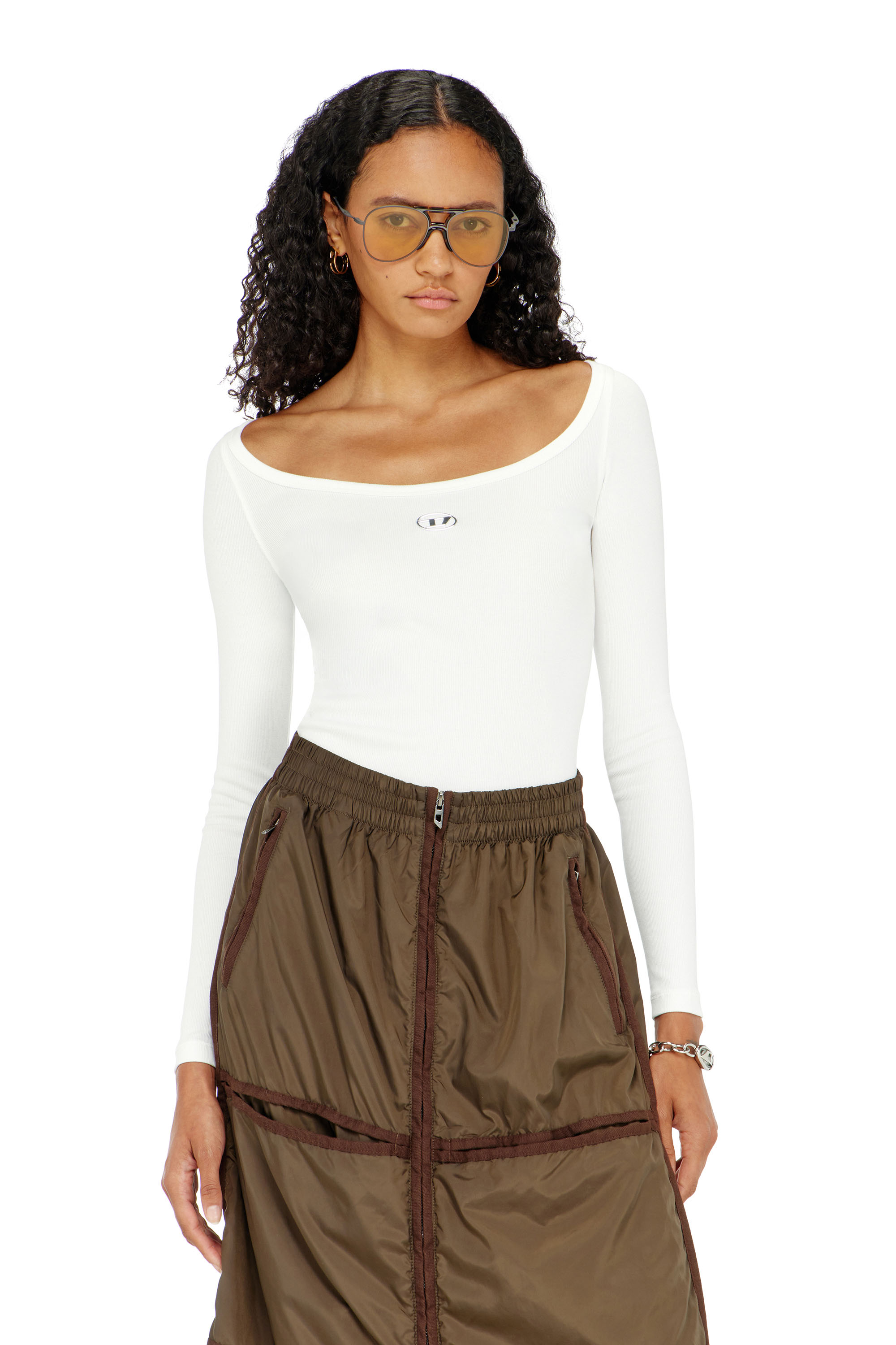 Diesel - T-BAL-OD, Top de manga larga de canal&eacute; con Oval D met&aacute;lico Mujer in Blanco - 1