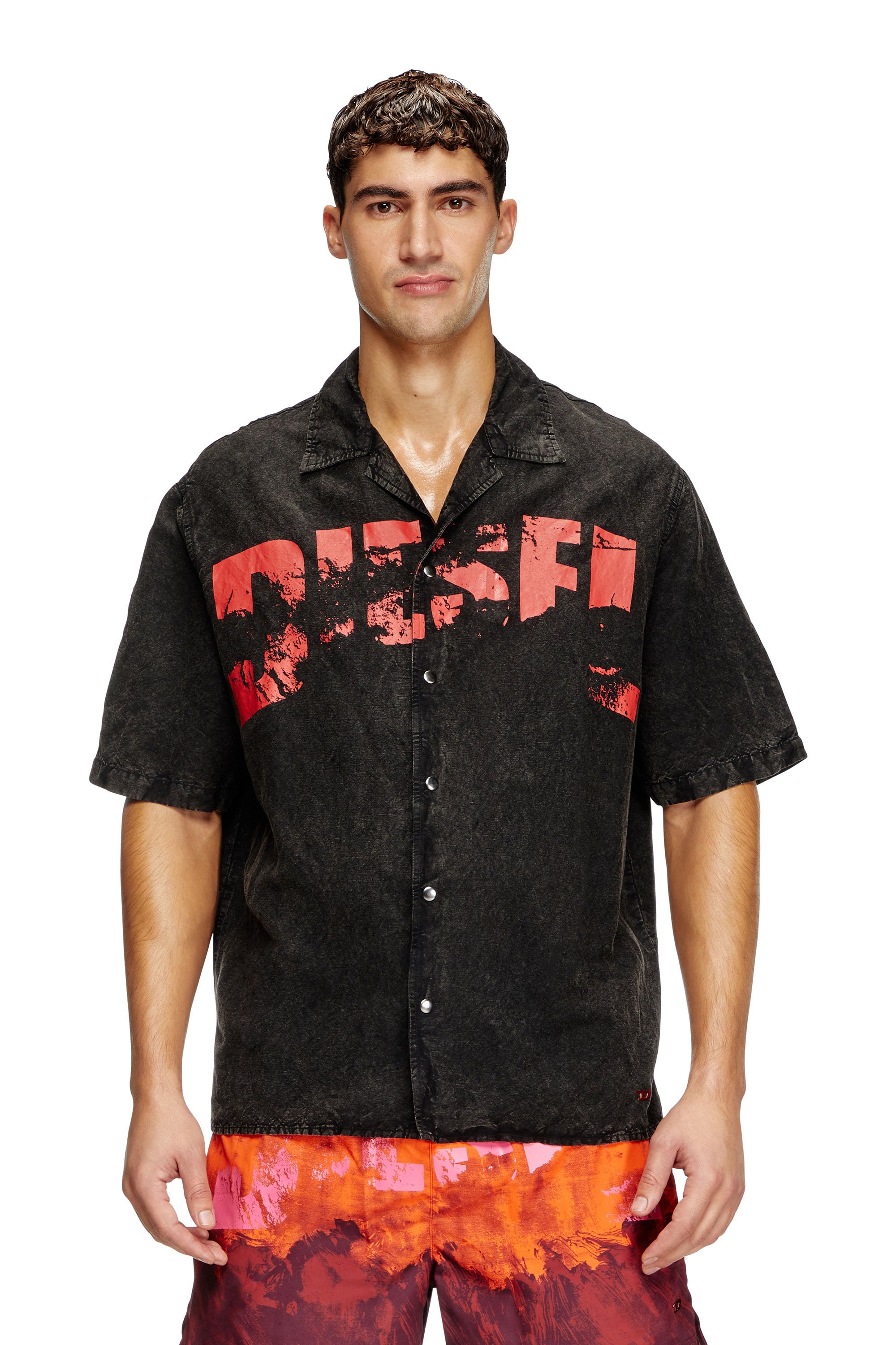 Diesel - CHARLES-D-POP, Camisa de playa de mezcla de lino Hombre in Negro - 1