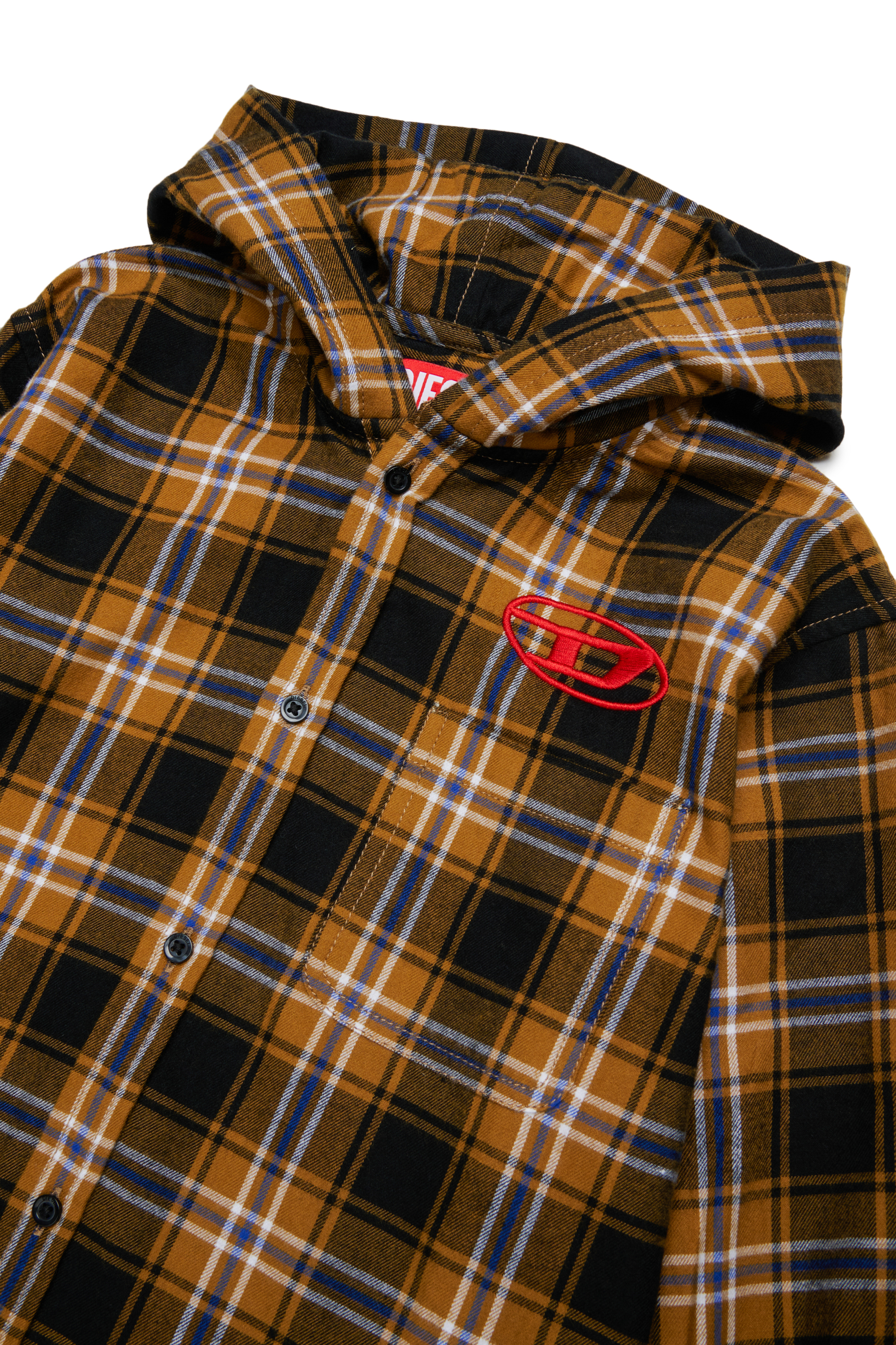 Diesel - CHECK OVER, Camisa de cuadros con capucha y Logo Oval D bordado Hombre in Marr&oacute;n - 3