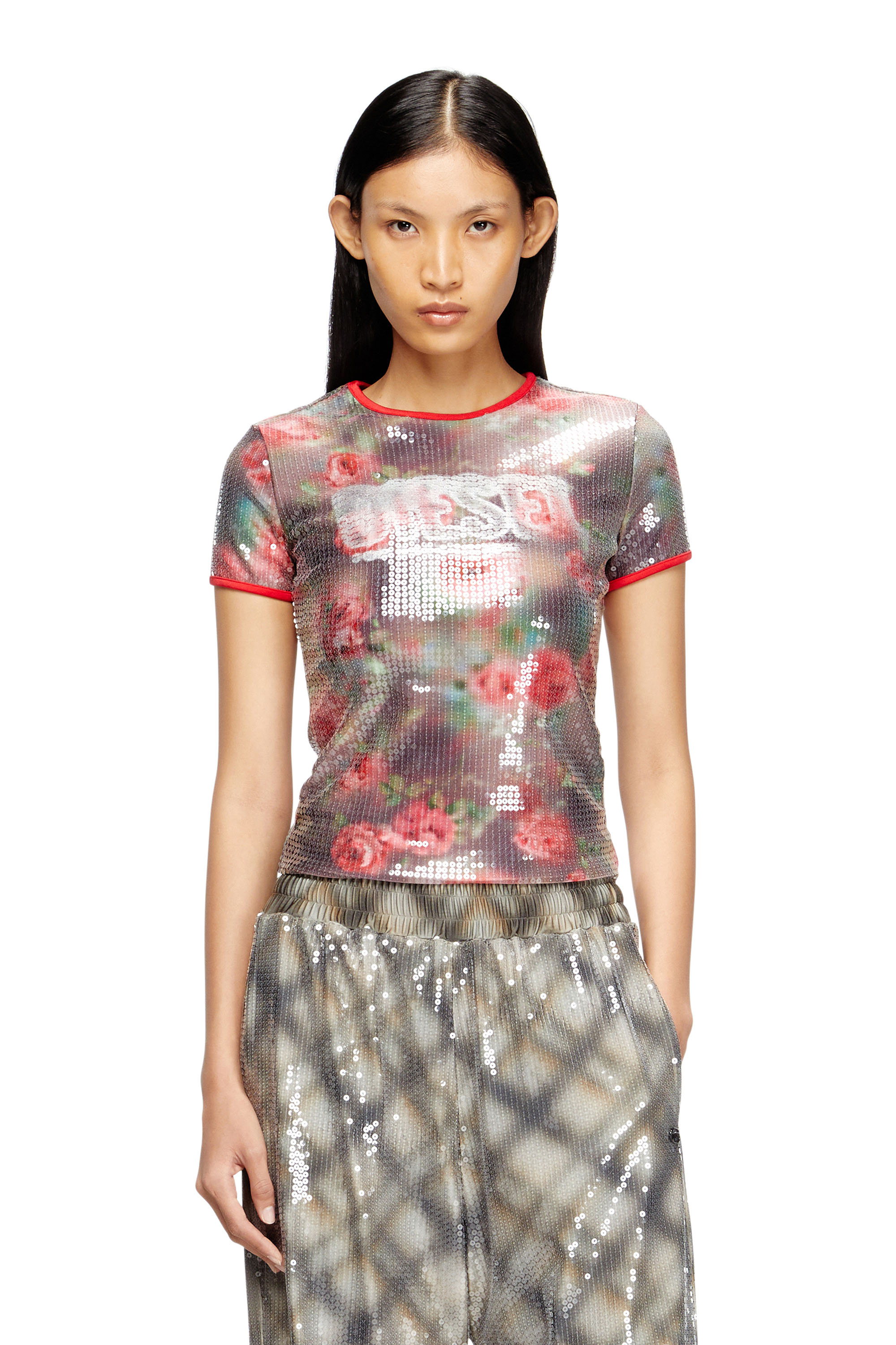 Diesel - T-UNKYEL, Top ajustado de jersey con estampado floral y lentejuelas Mujer in Multicolor - 1