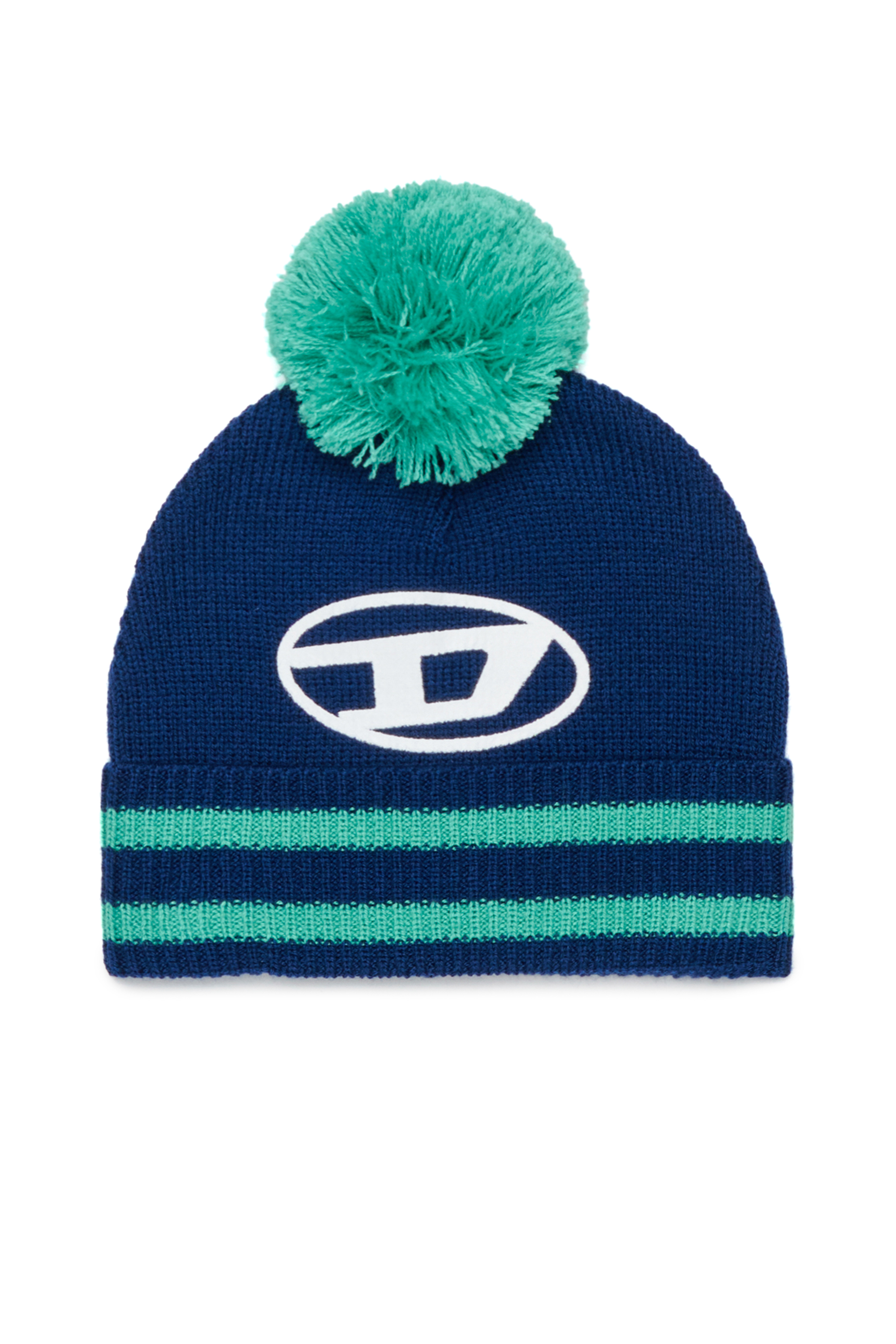 Diesel - FUTEEB, Unisex's Striped pom-pom beanie in wool blend in Blue/Green - 1