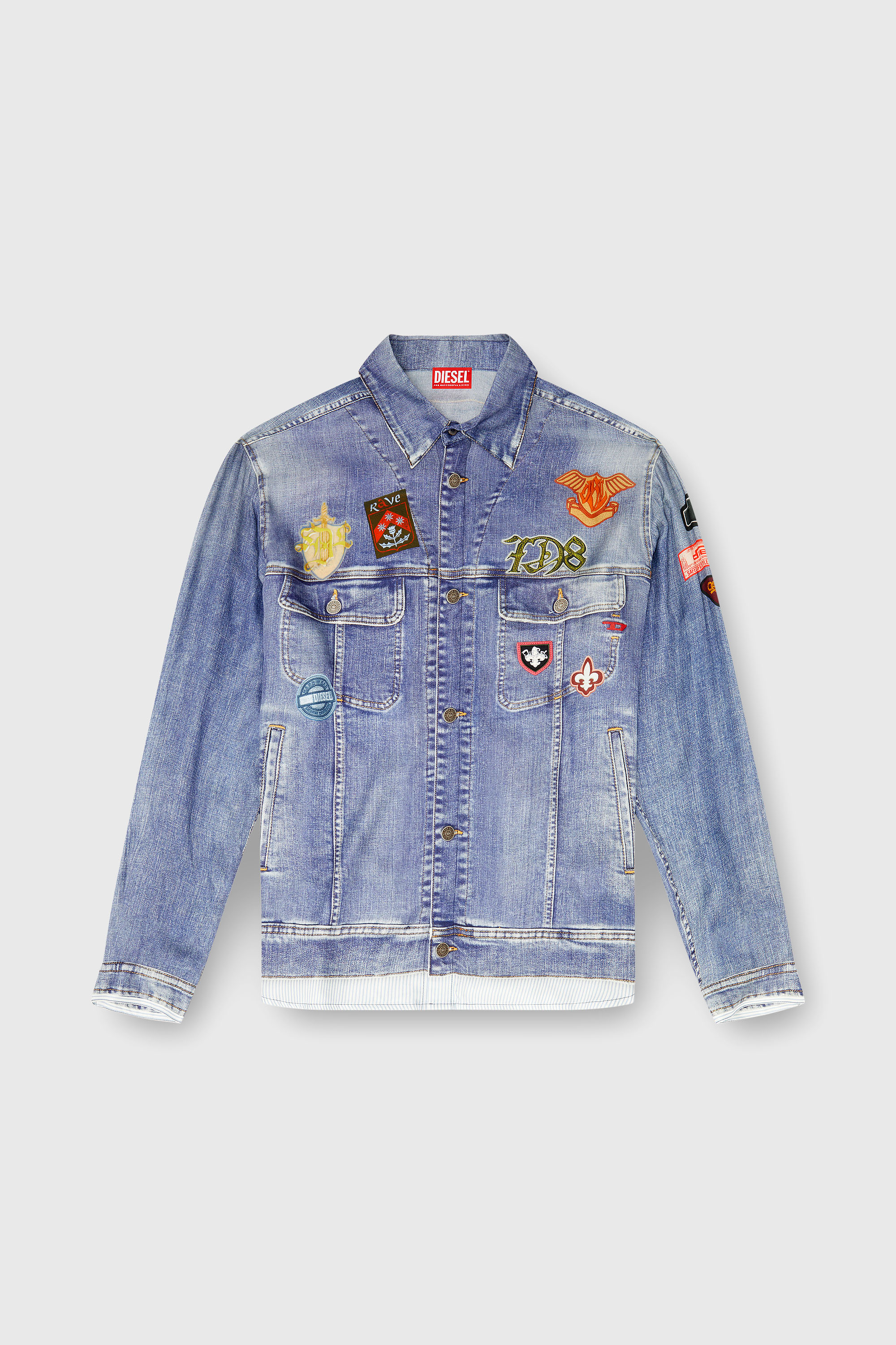 Diesel - S-SIMPLY-PATCH, Camisa satinada con estampado denim trompe-l'oeil Hombre in Azul marino - 2
