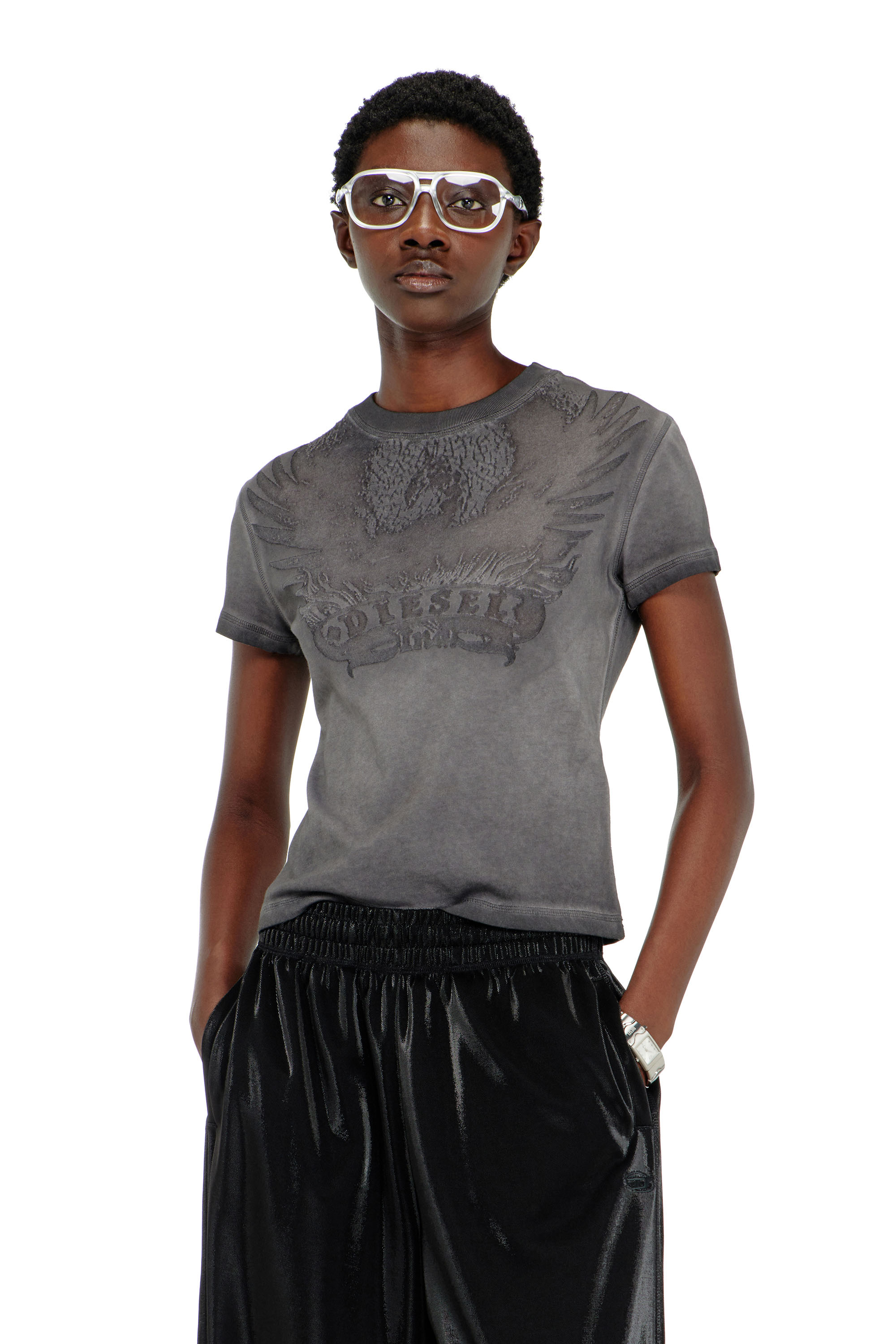 Diesel - T-ILA-AA7, Camiseta slim con d&eacute;vor&eacute; Phoenix Mujer in Gris - 1