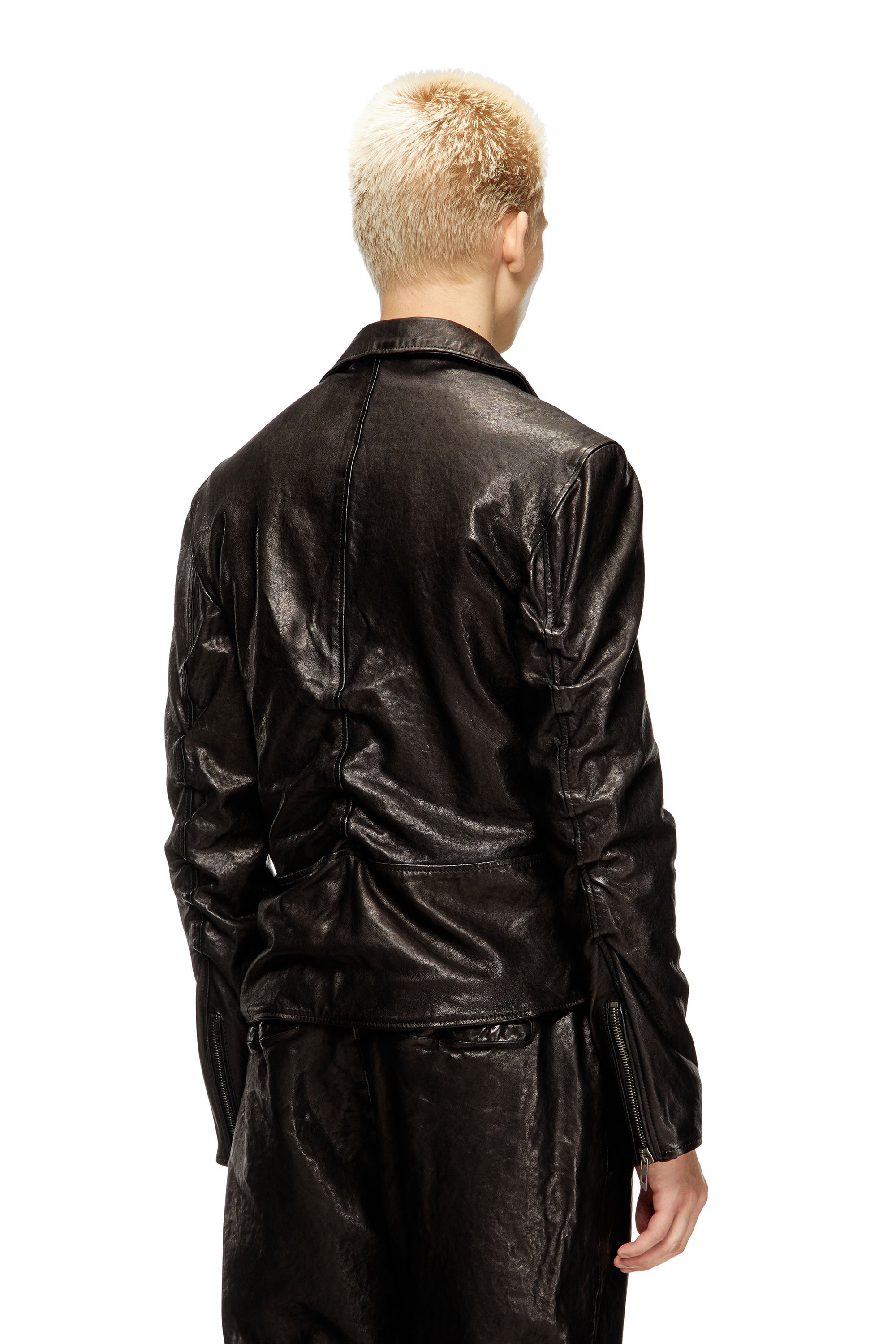 Diesel - L-UNCAN, Chaqueta biker de cuero hervido Hombre in Negro - 4