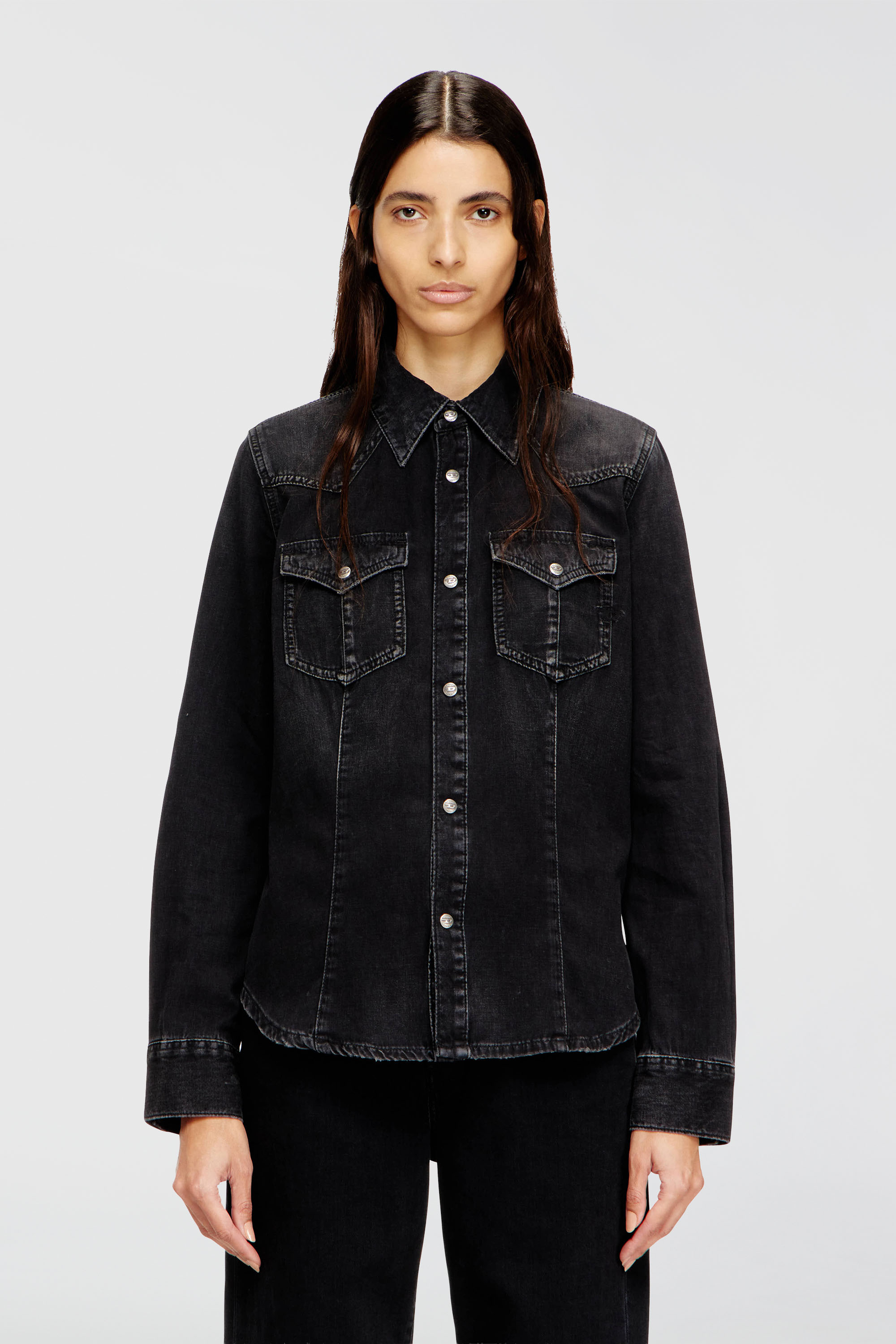 Diesel - DE-WAVES, Camisa vaquera en denim tratado Mujer in Negro - 1