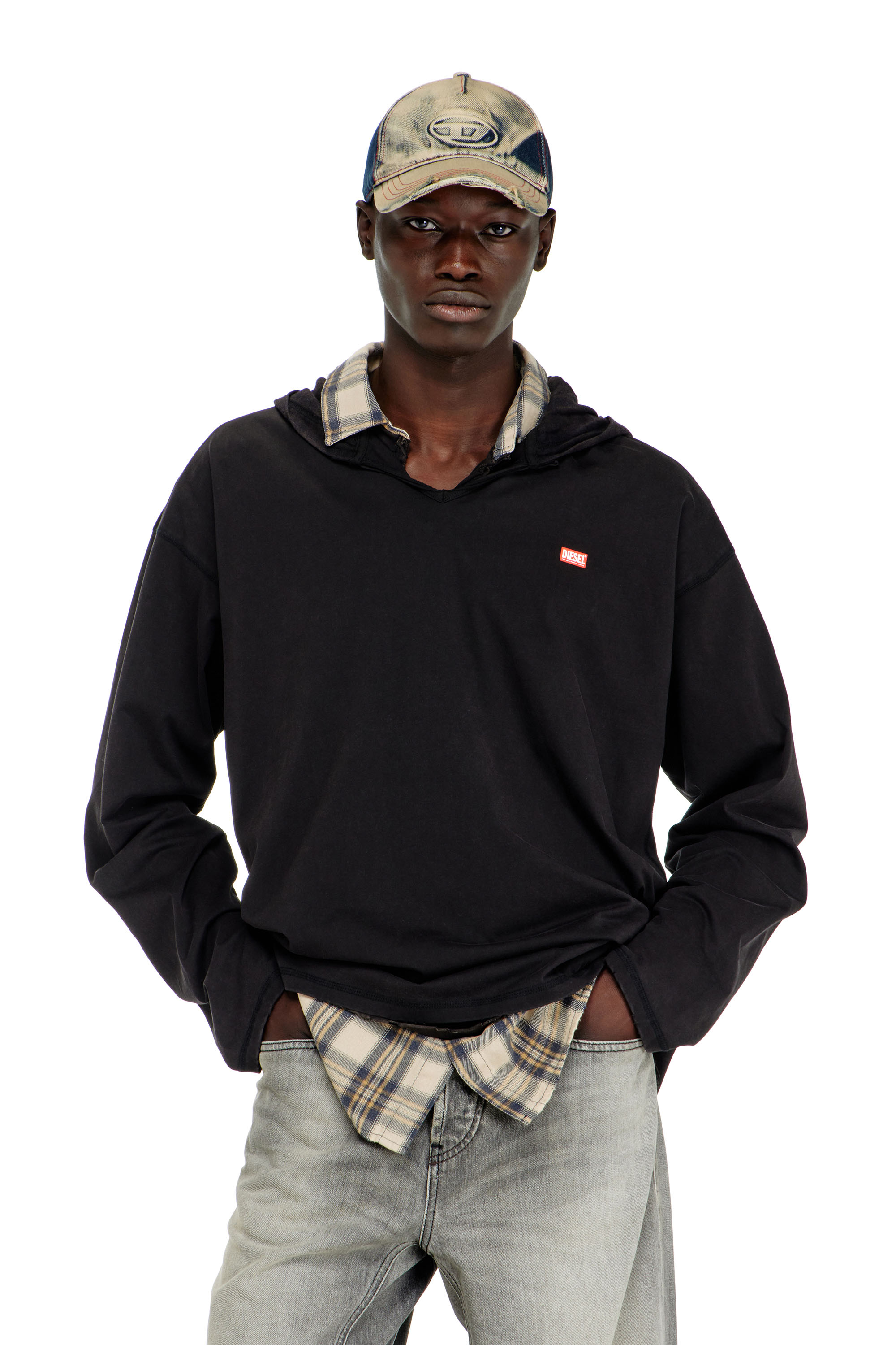 Diesel - T-BOXT-LS-HOOD-CHECK, Camiseta de manga larga con capucha de franela Hombre in Negro - 1