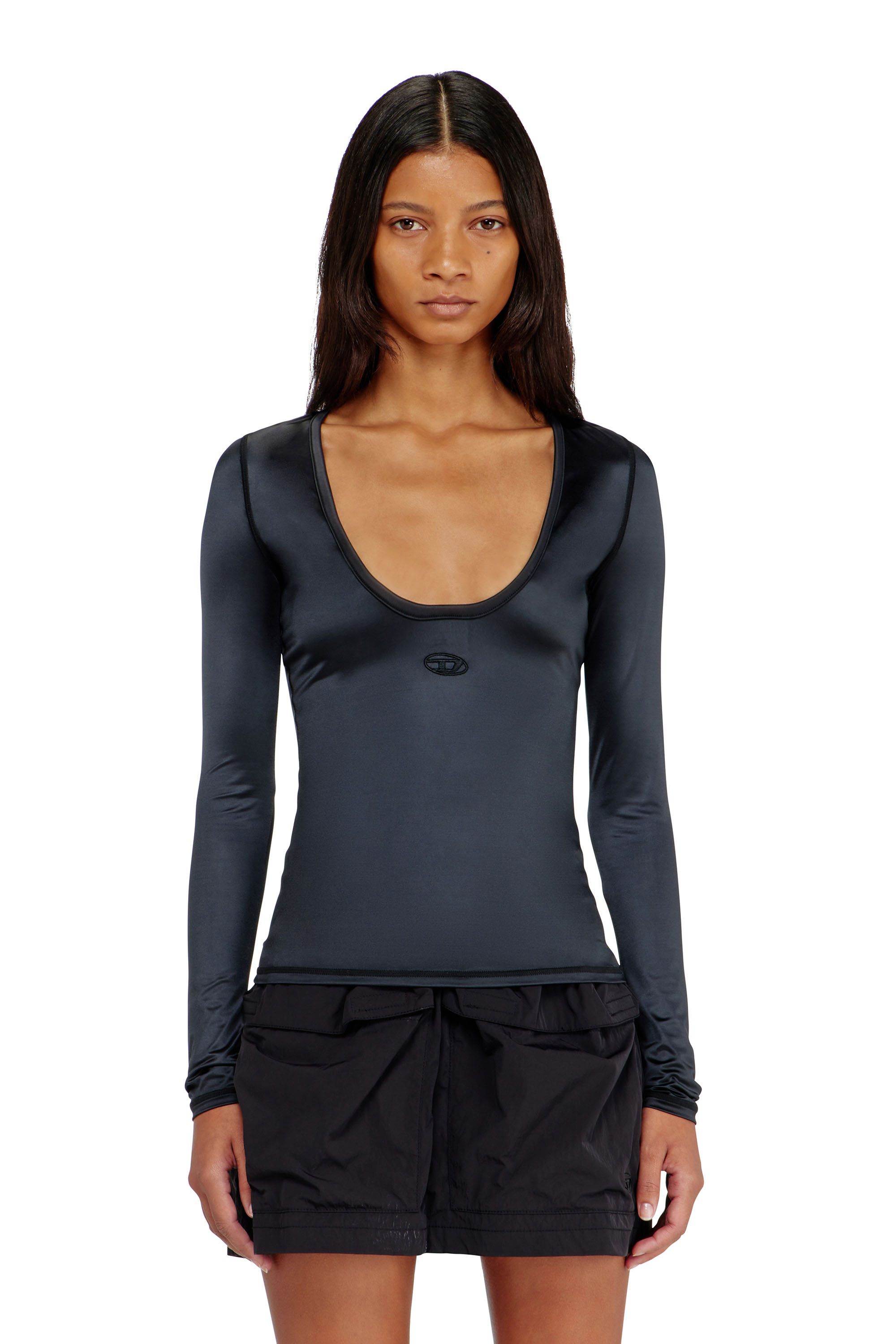 Diesel - T-ELPHIN-LS, Top slim de nylon con escote redondo y Logo Oval D bordado Mujer in Negro - 1