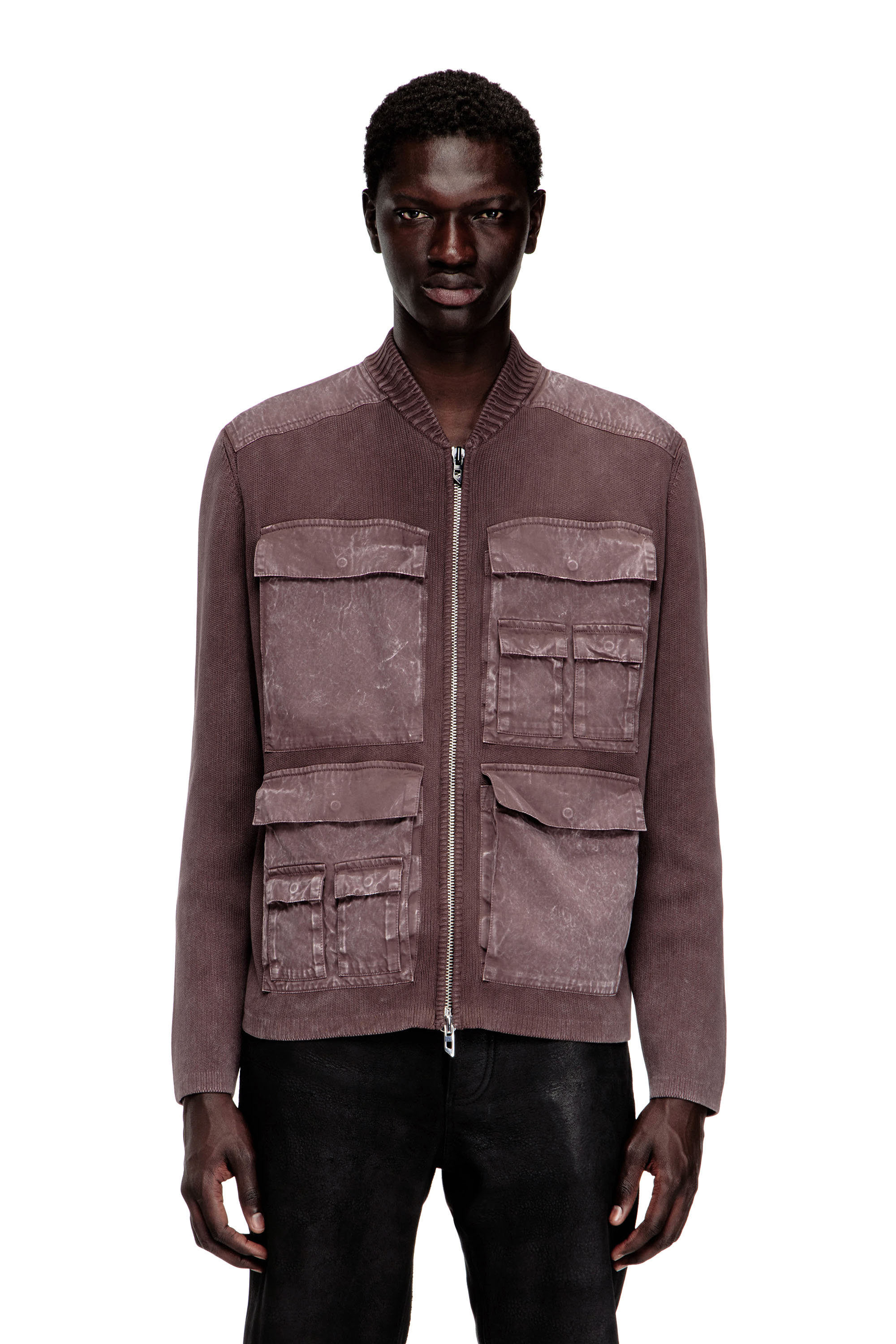 Diesel - K-GEROME, Chaqueta de punto con cremallera y bolsillos cargo Hombre in Marr&oacute;n - 1