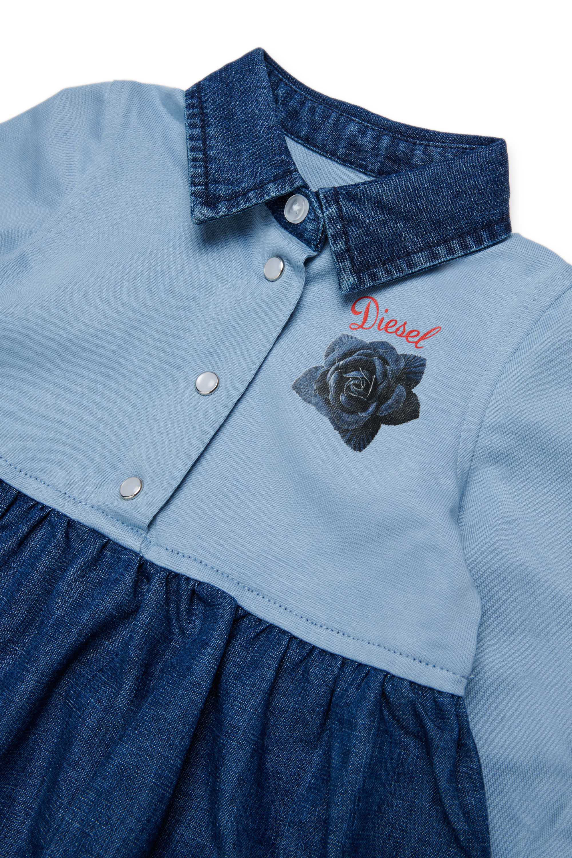 Diesel - DROSEB, Vestido camisero de algod&oacute;n y denim con estampado de rosas Mujer in Azul marino - 3