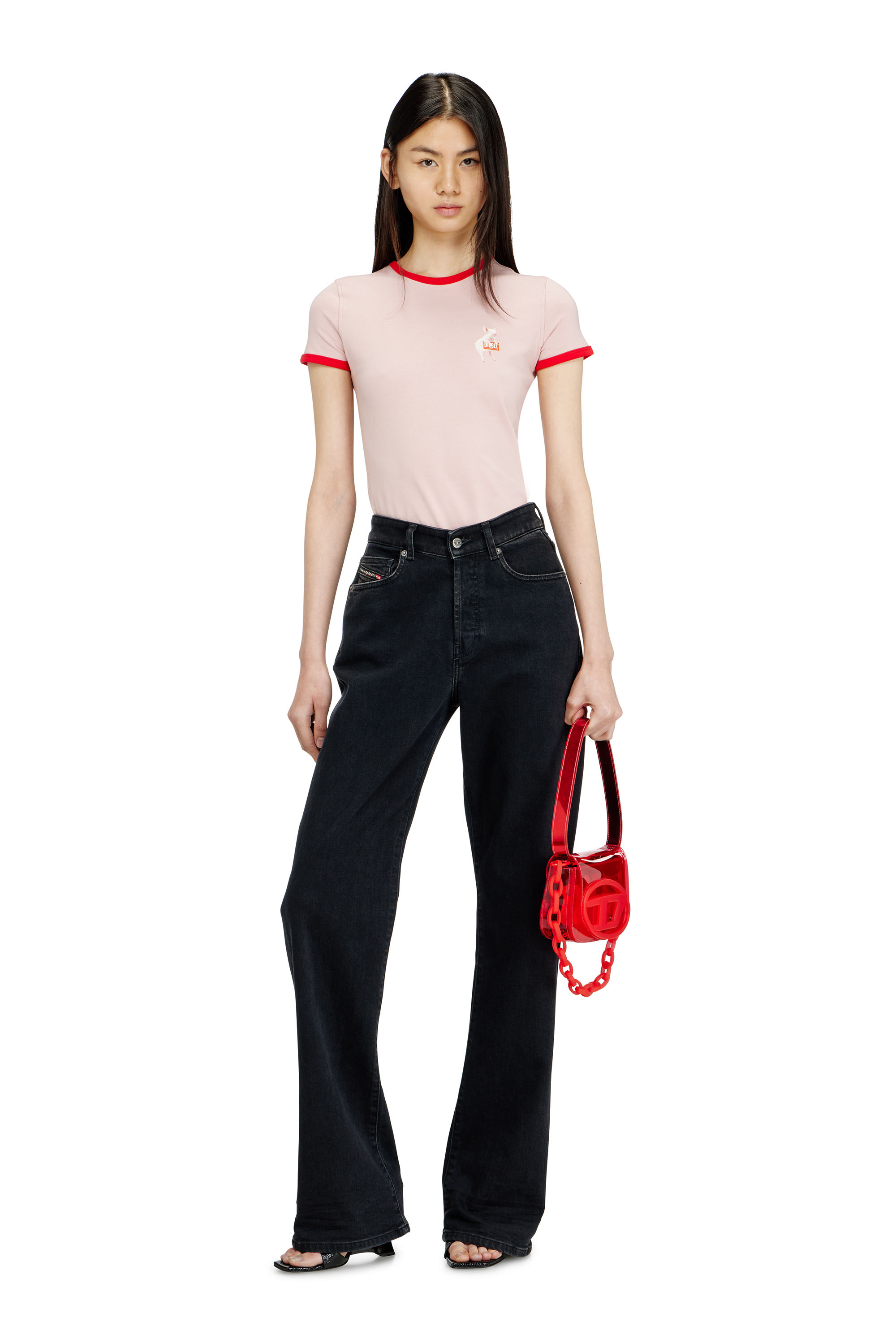 Diesel - T-UNCUTIES-LONG-S12, Camiseta ajustada con estampado de cerdo Mujer in Rosa - 2