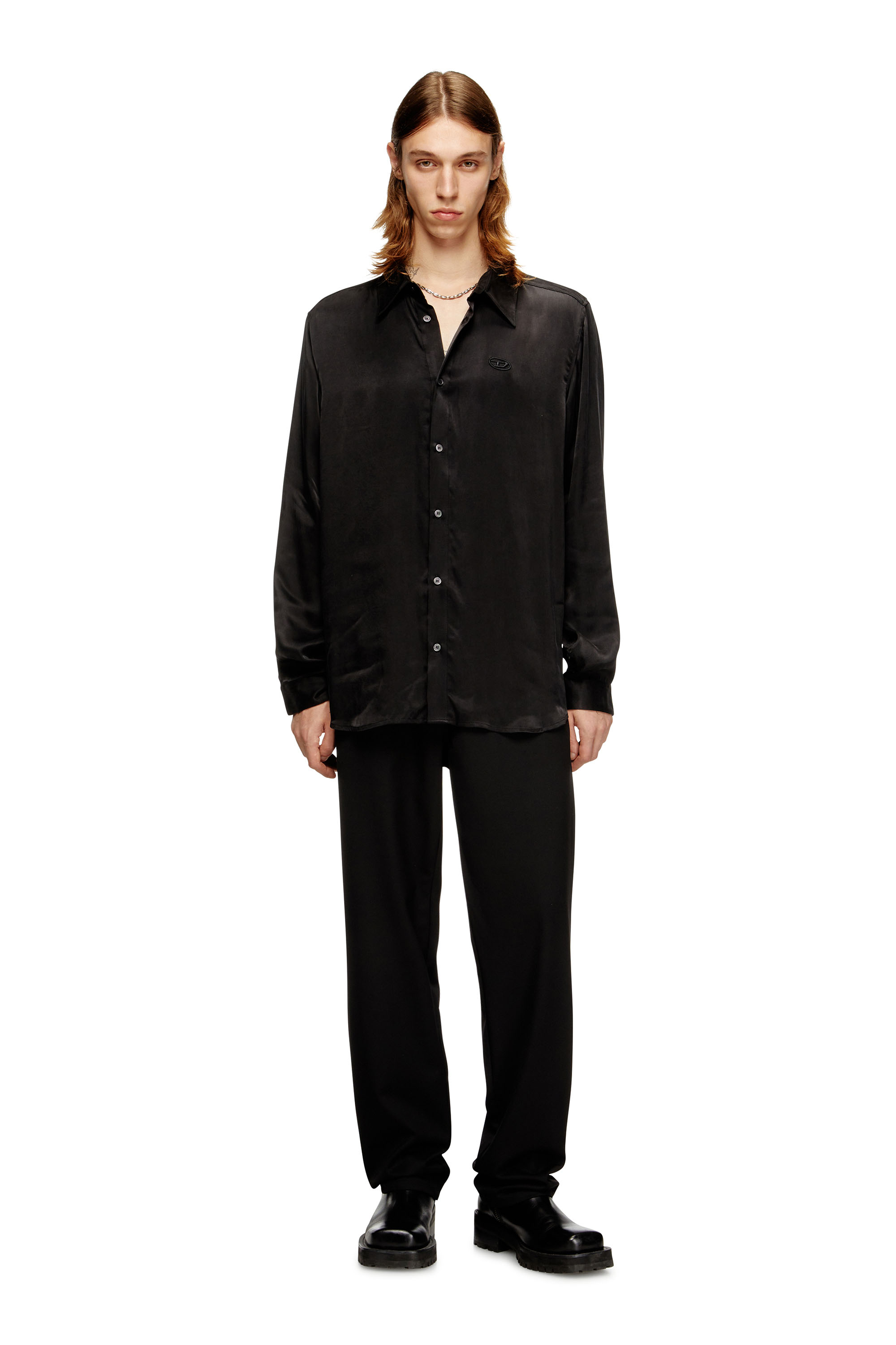 Diesel - S-SIMPLY-AJFU, Camisa de cupro con logo bordado Hombre in Negro - 2