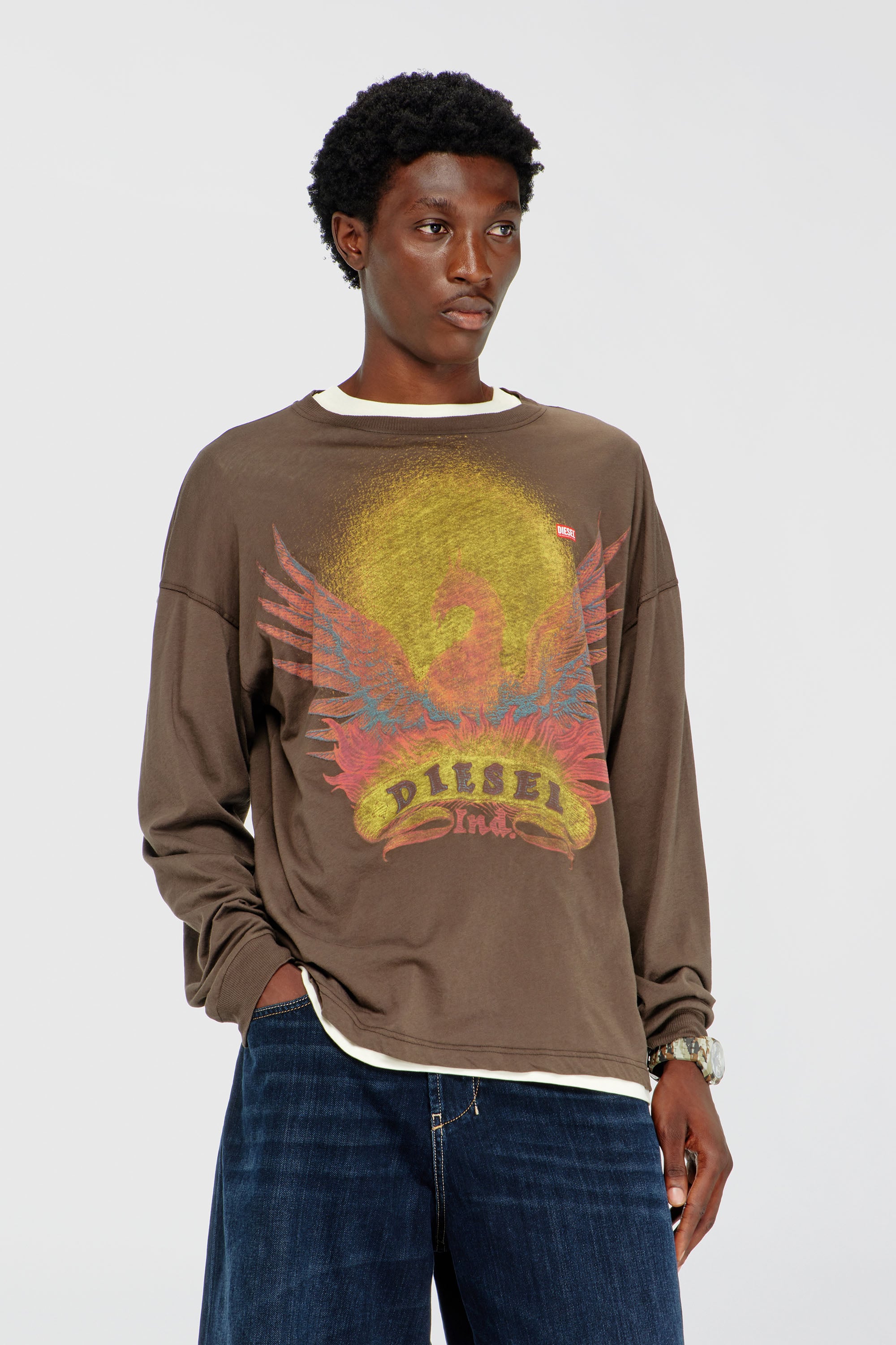 Diesel - T-BOXT-LS-AA1, Camiseta de manga larga con gr&aacute;fico de Phoenix Hombre in Marr&oacute;n - 1