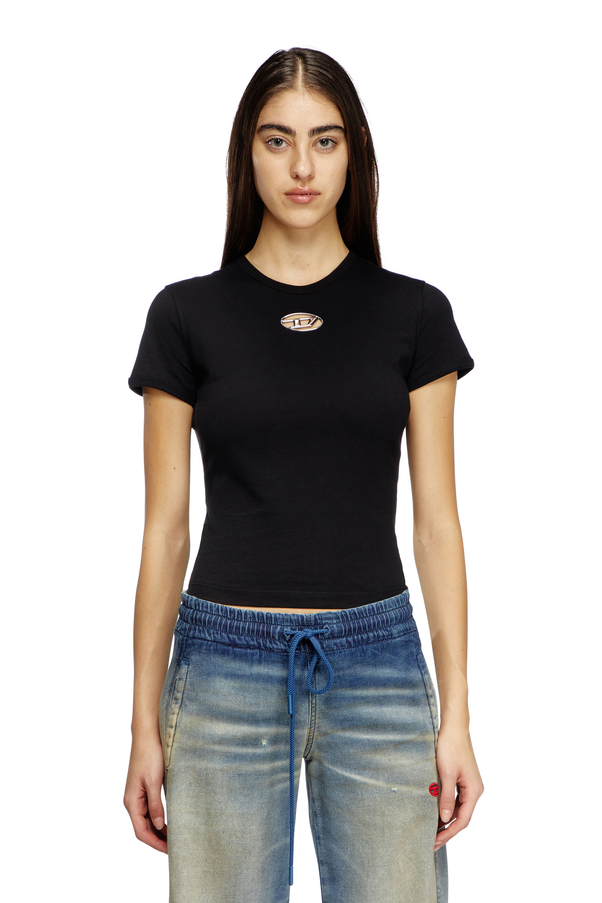 Diesel - T-UNCUTIE-LONG-OD-Q1, Camiseta de fit entallado con logotipo Oval D recortado Mujer in Negro - 1