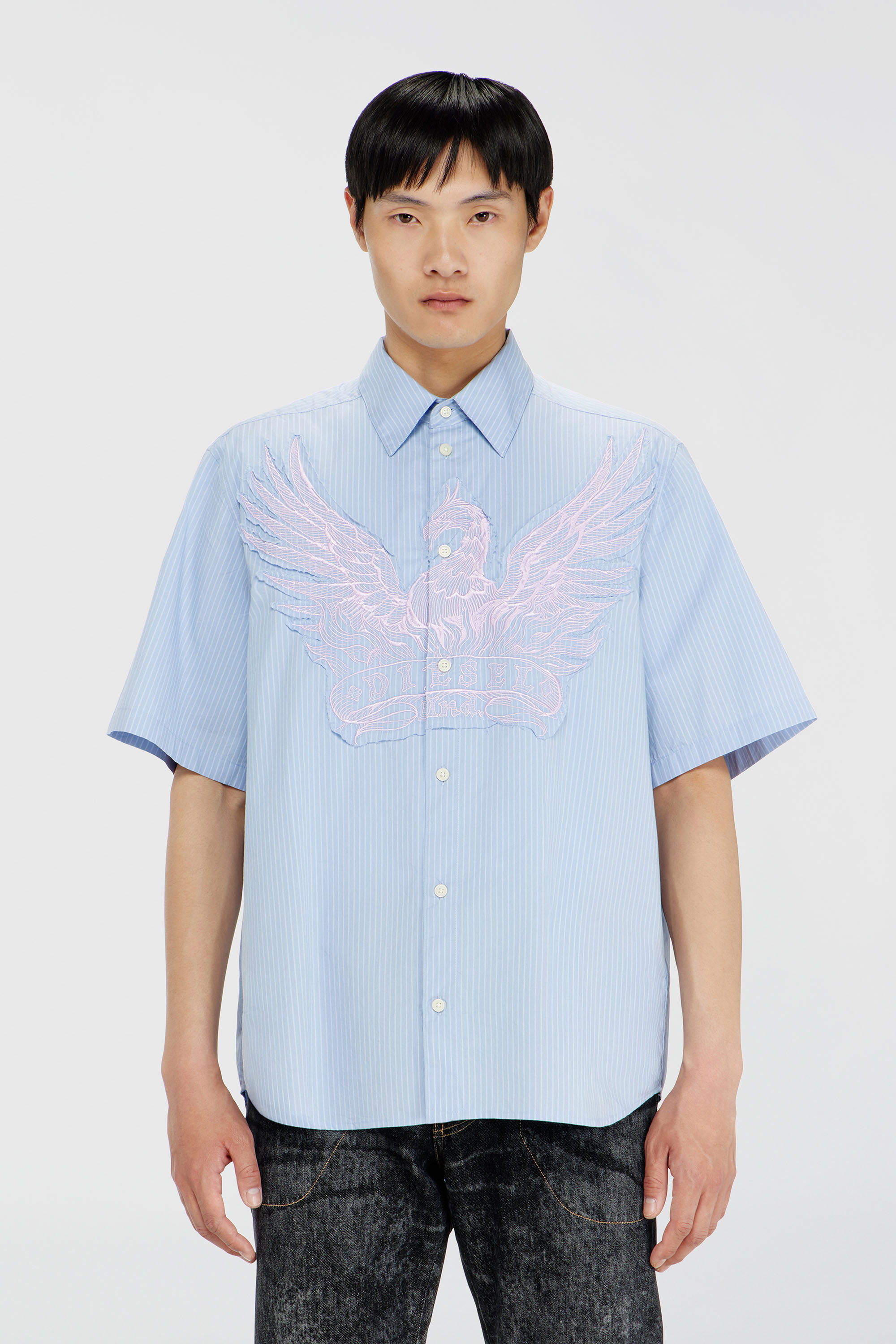Diesel - S-SIMPLY-SS-AGCZ, Camisa de popelina a rayas con patch bordado Hombre in Azul marino - 1