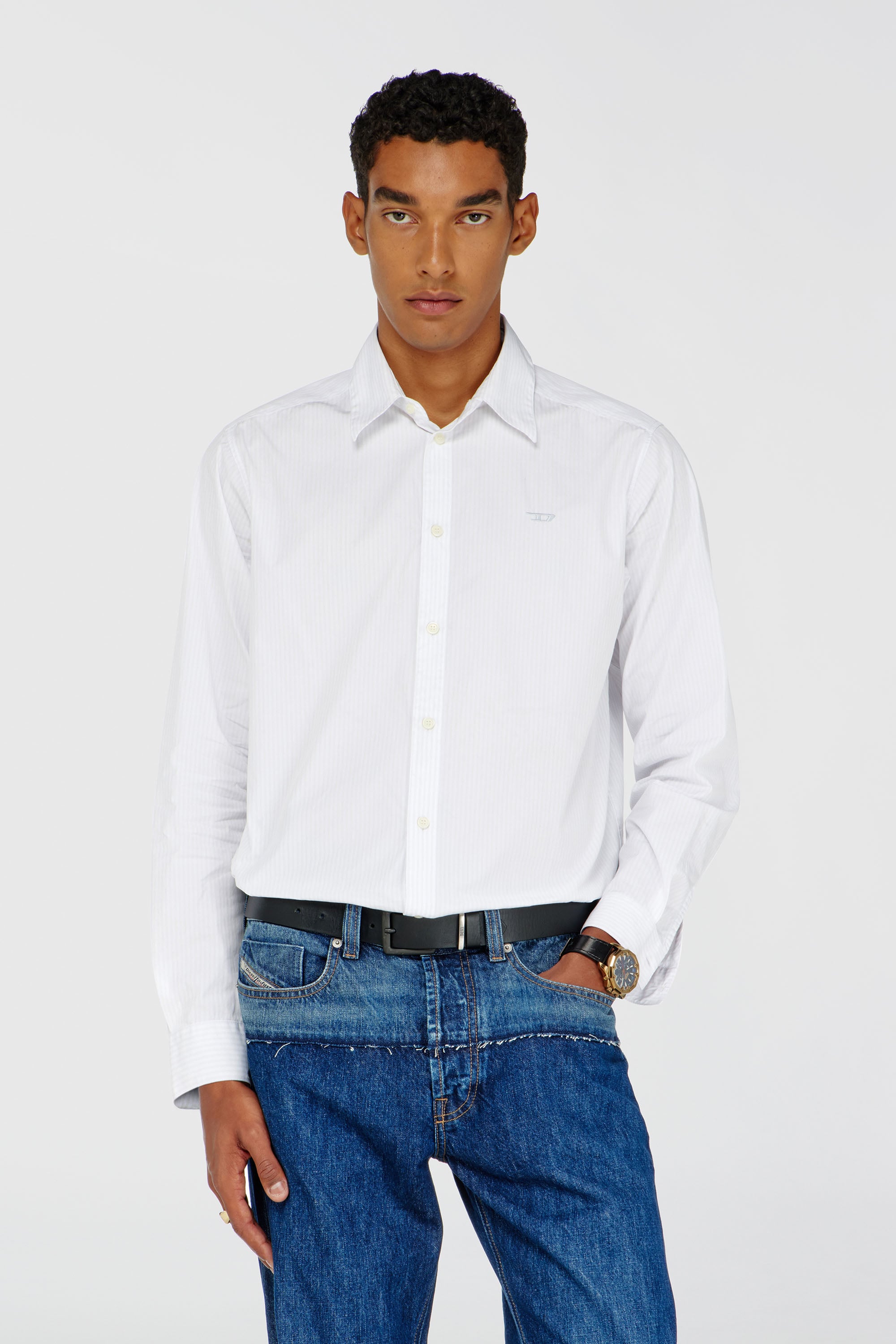 Diesel - S-SIMPLY-NA-DNAN, Camisa de rayas de algod&oacute;n con bordado D Hombre in Blanco - 1
