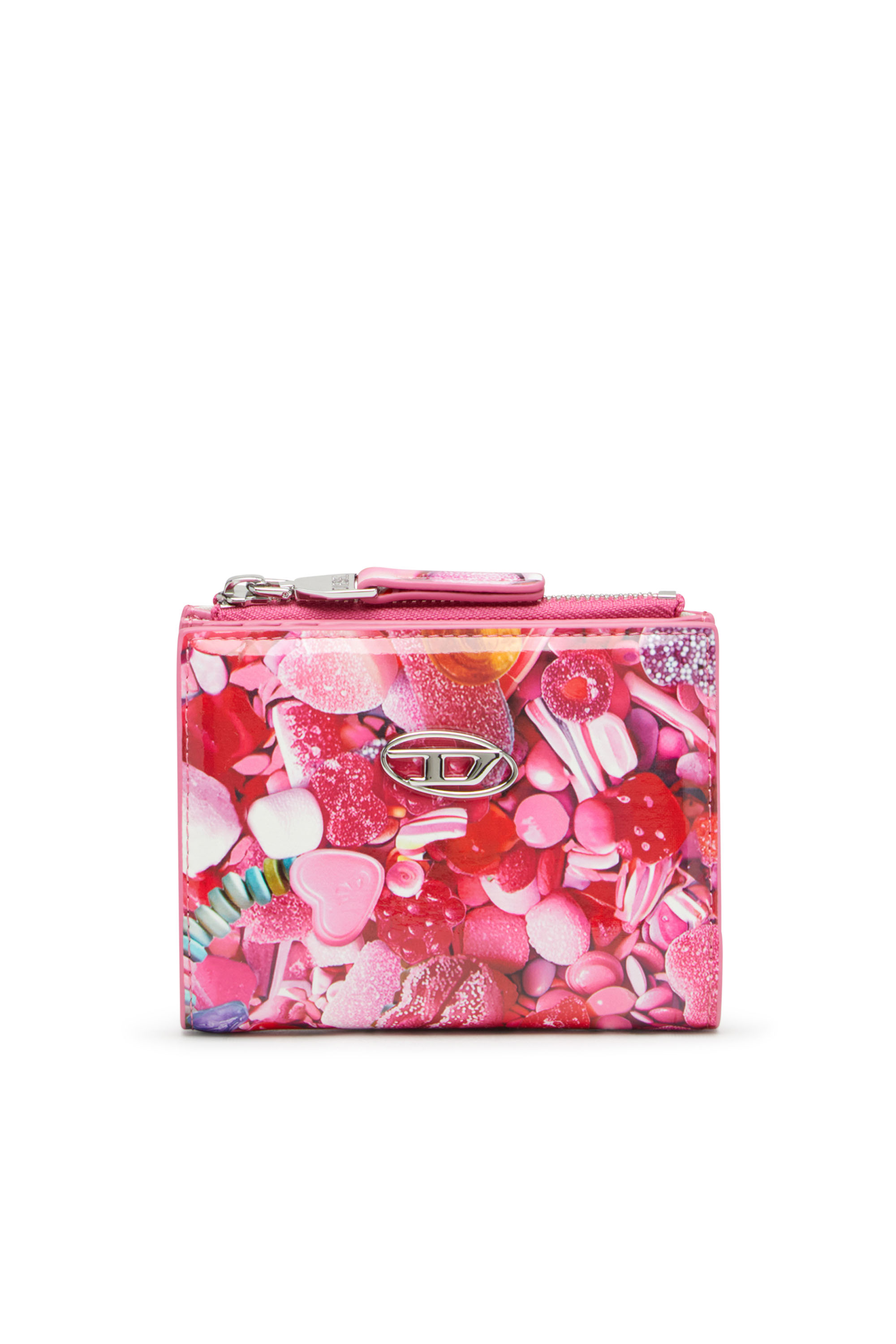 Diesel - PLAY BI-FOLD ZIP II, Cartera pequeña de poliuretano brillante estampado Mujer in Rosa - 1