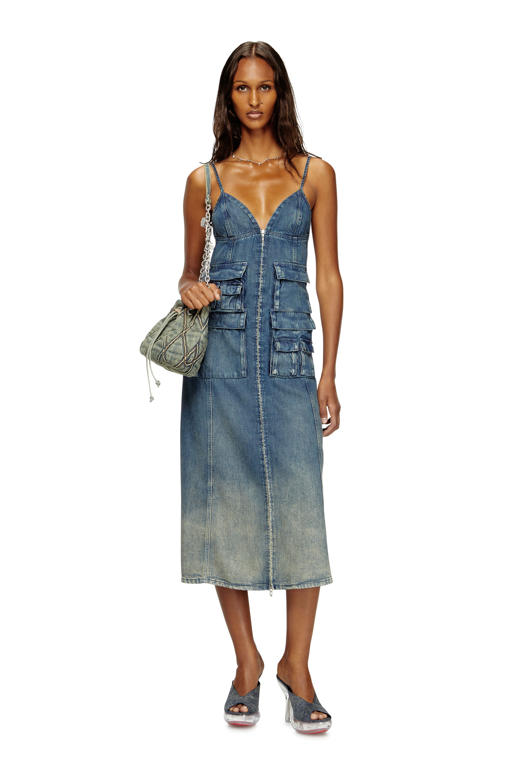 Diesel - DE-MELVI-S, Vestido de denim fluido desgastado con láser Mujer in Azul marino - 1