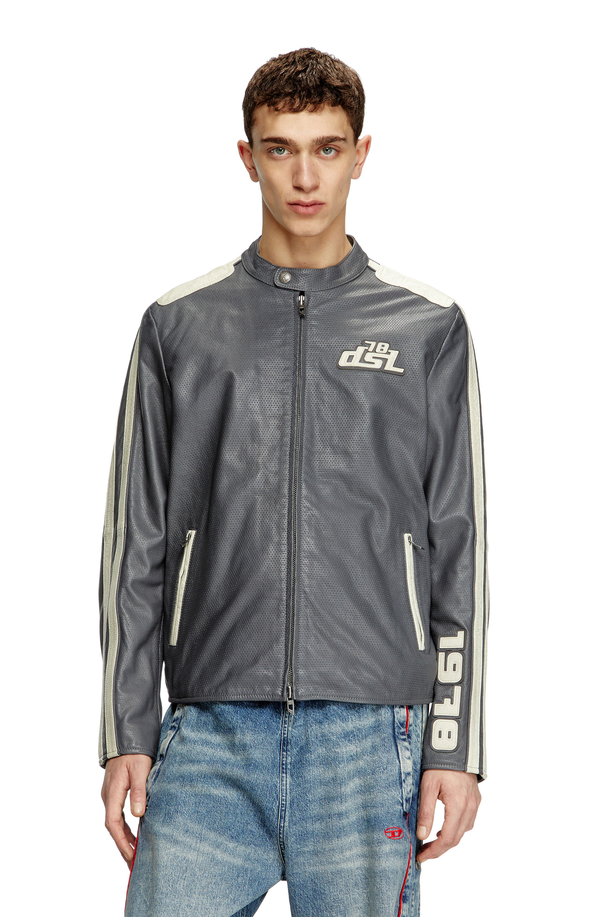 Diesel - L-POP, Chaqueta de motorista de cuero perforado Unisex in Gris - 1