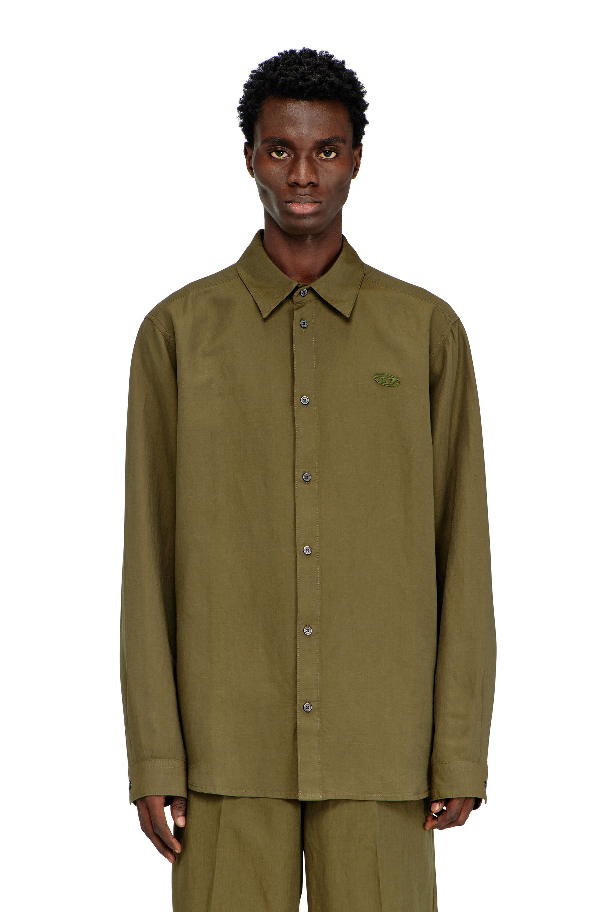 Diesel - S-SIMPLY-PGBS, Man's Linen-blend shirt with logo embroidery in Military Green - 1