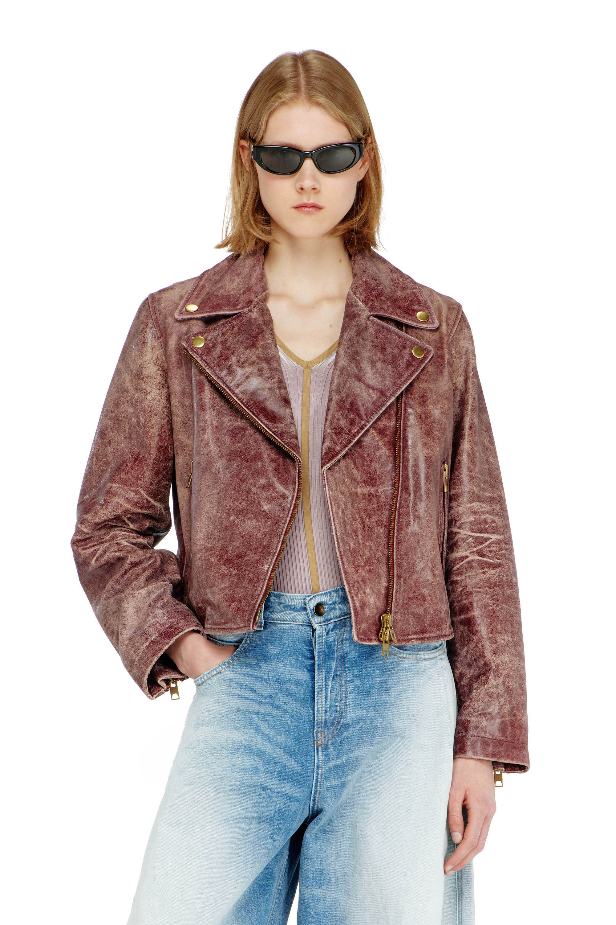 Diesel - L-UNATIC-T1, Chaqueta biker de piel tratada Mujer in ToBeDefined - 3