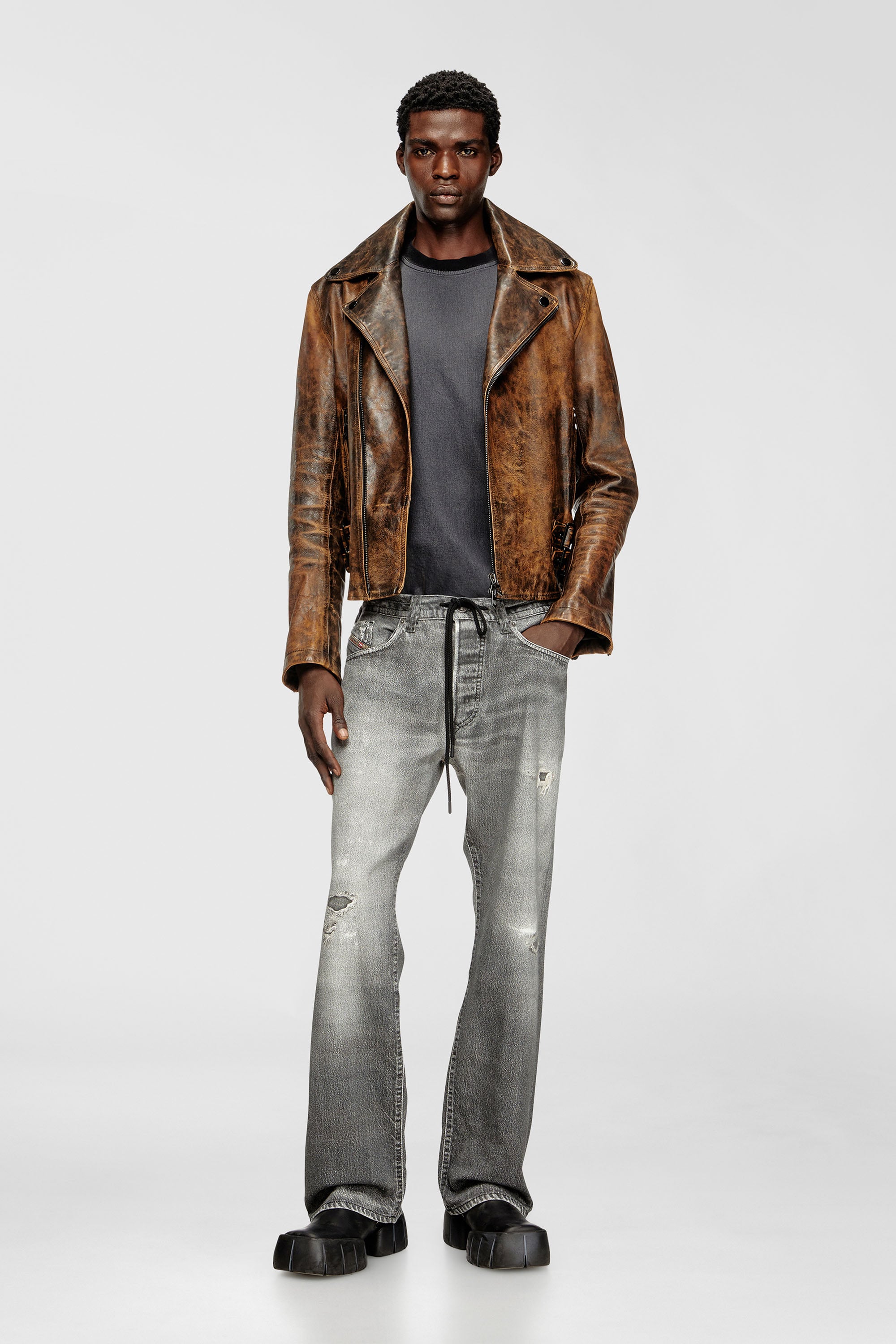 Diesel - L-EON, Chaqueta biker en cuero tratado Hombre in Marr&oacute;n - 2