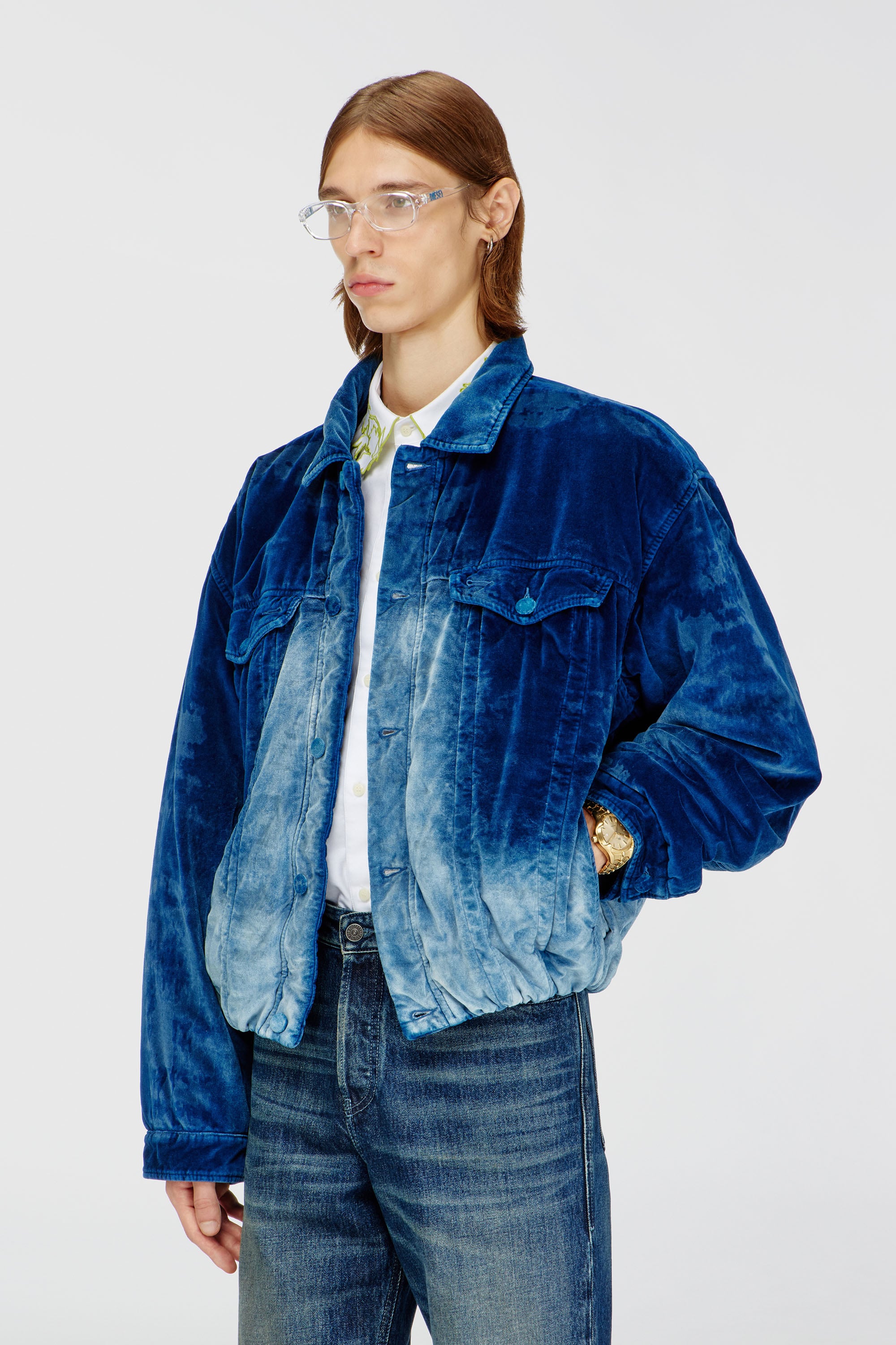Diesel - D-MORVI-FSJ, Chaqueta trucker el&aacute;stica de denim de terciopelo Hombre in Azul marino - 1