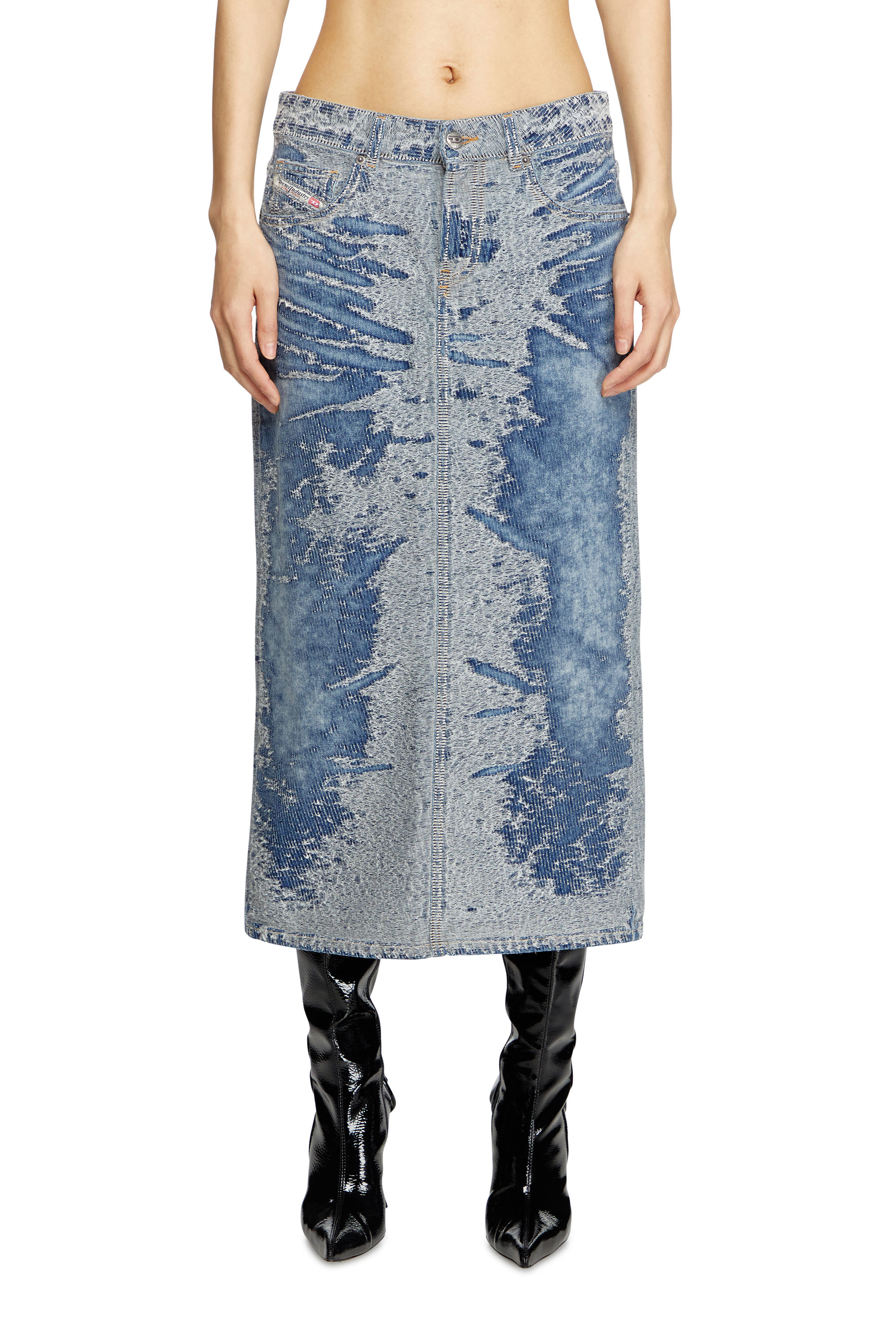 Diesel - DE-SKYE-S, Falda midi de denim en jacquard desgastado Mujer in Azul marino - 1