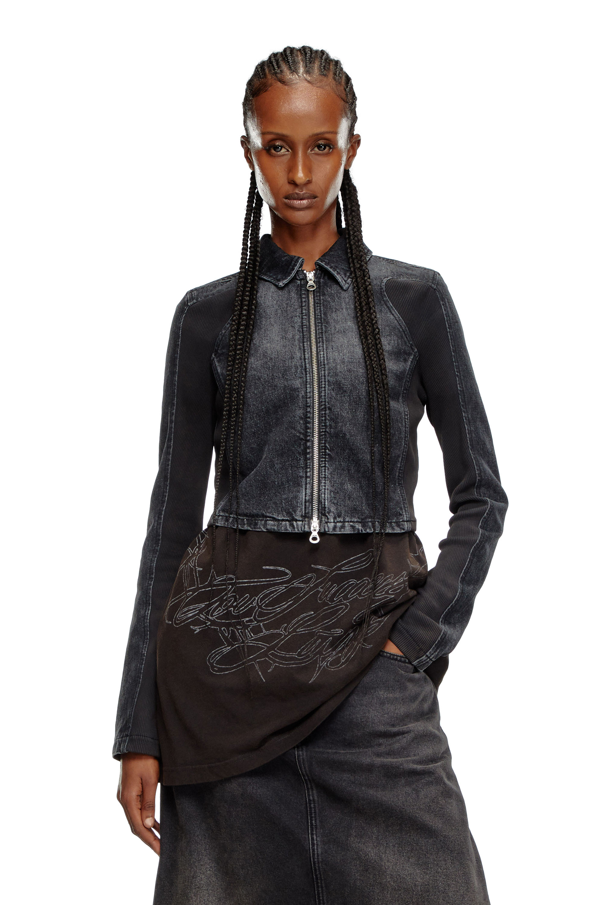 Diesel - DE-SYLEN-S, Chaqueta corta de denim con inserciones en canal&eacute; Mujer in Negro - 3