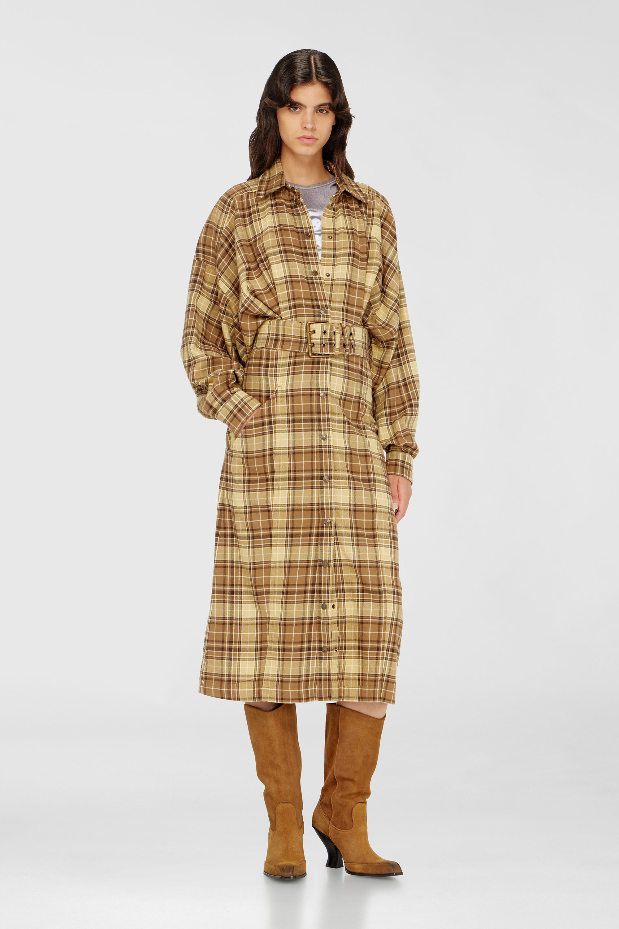 Diesel - D-EDALUS, Vestido midi de franela a cuadros con cintur&oacute;n ancho Mujer in Multicolor - 1