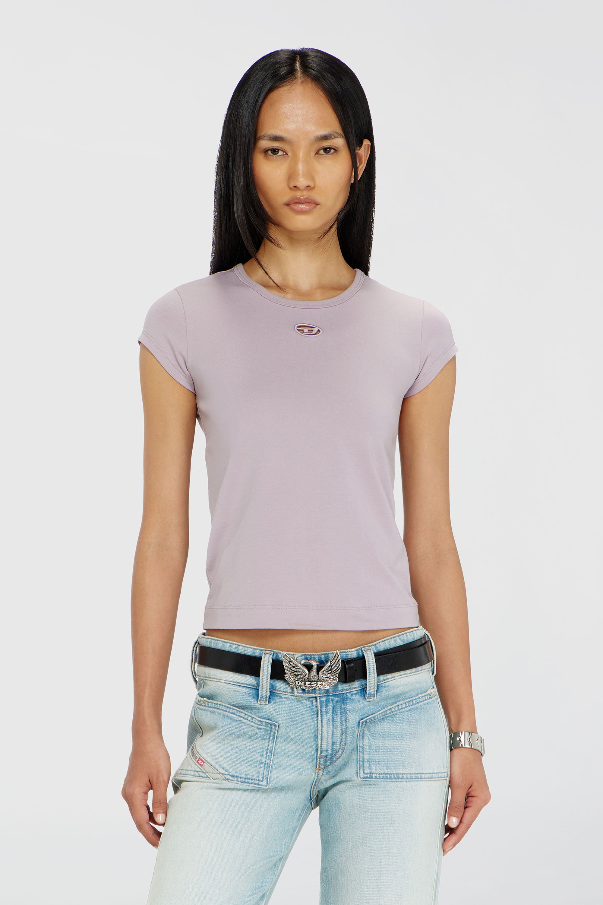 Diesel - T-ANGIE-OD, Camiseta con logotipo bordado con abertura Mujer in Morado - 1
