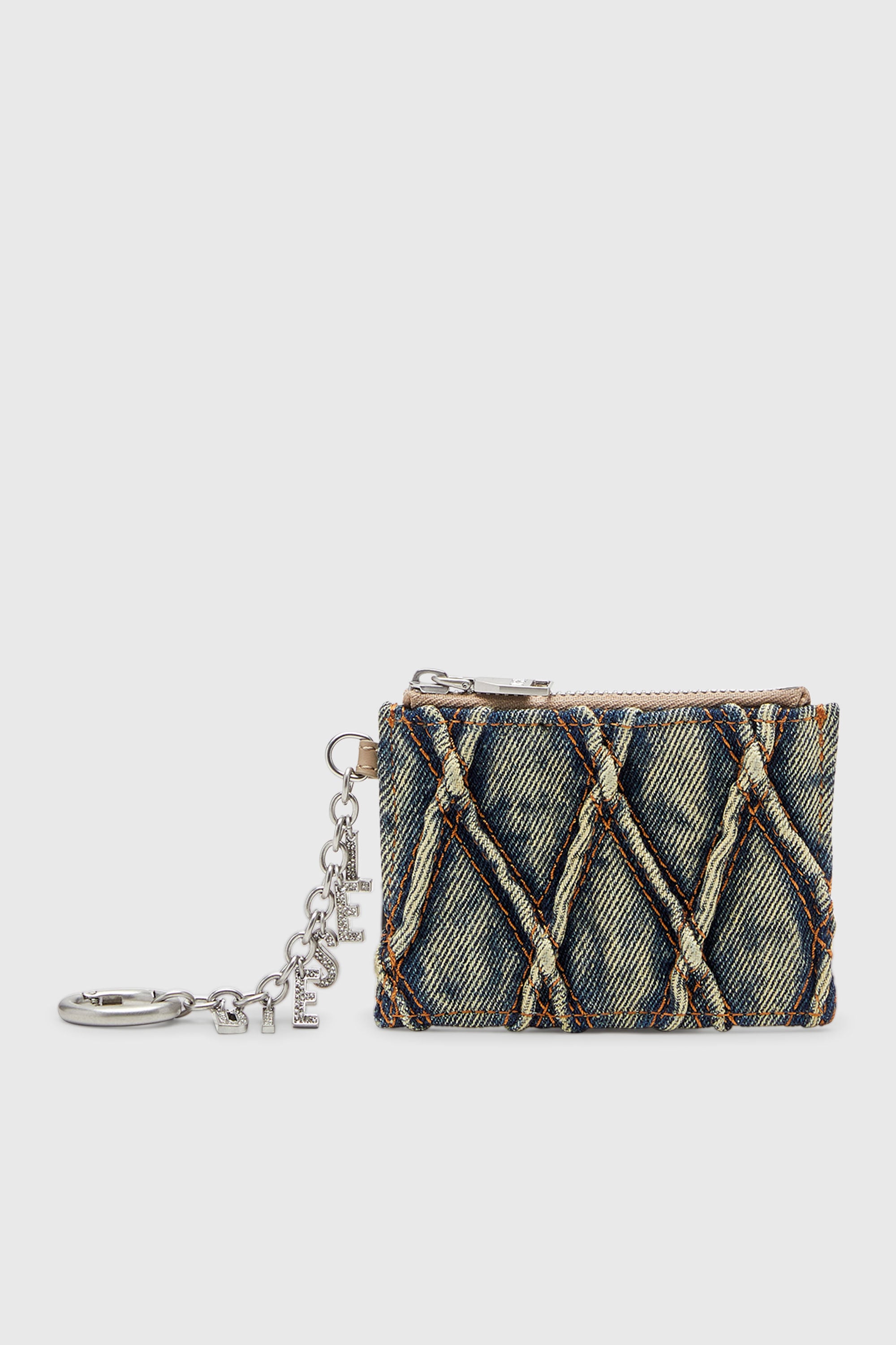 Diesel - CARD HOLDER WITH CHAIN, Tarjetero de denim acolchado con motivo argyle Mujer in Azul marino - 1