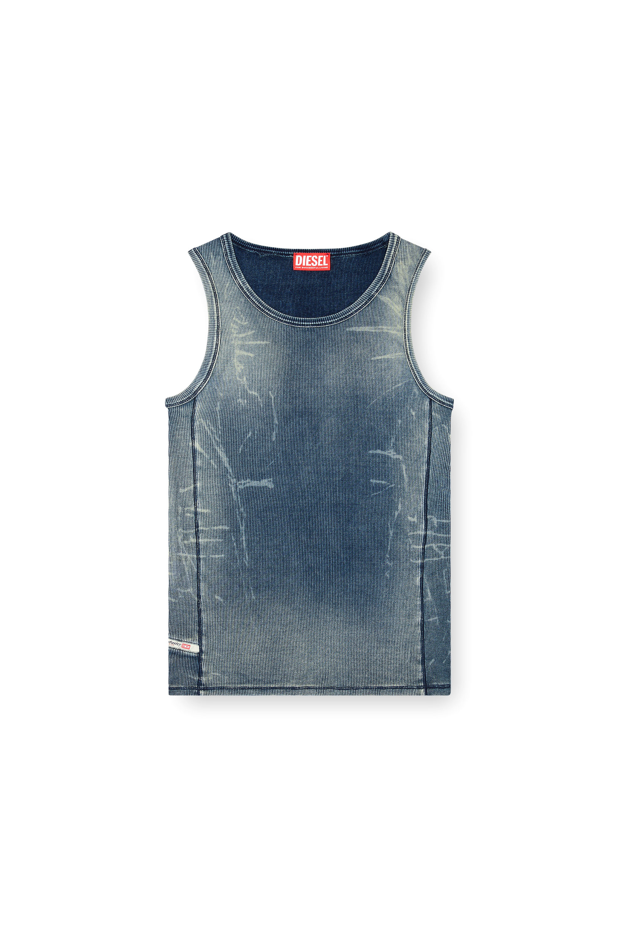 Diesel - T-GO, Camiseta de canalé con efecto trampantojo en denim Unisex in Azul marino - 3