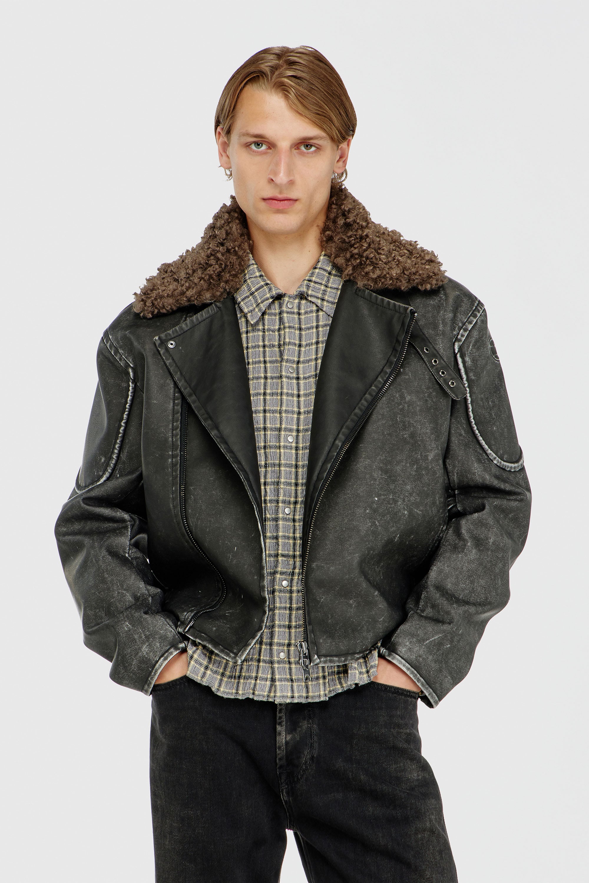Diesel - W-ALEX, Chaqueta biker con cuello desmontable Hombre in Gris - 1