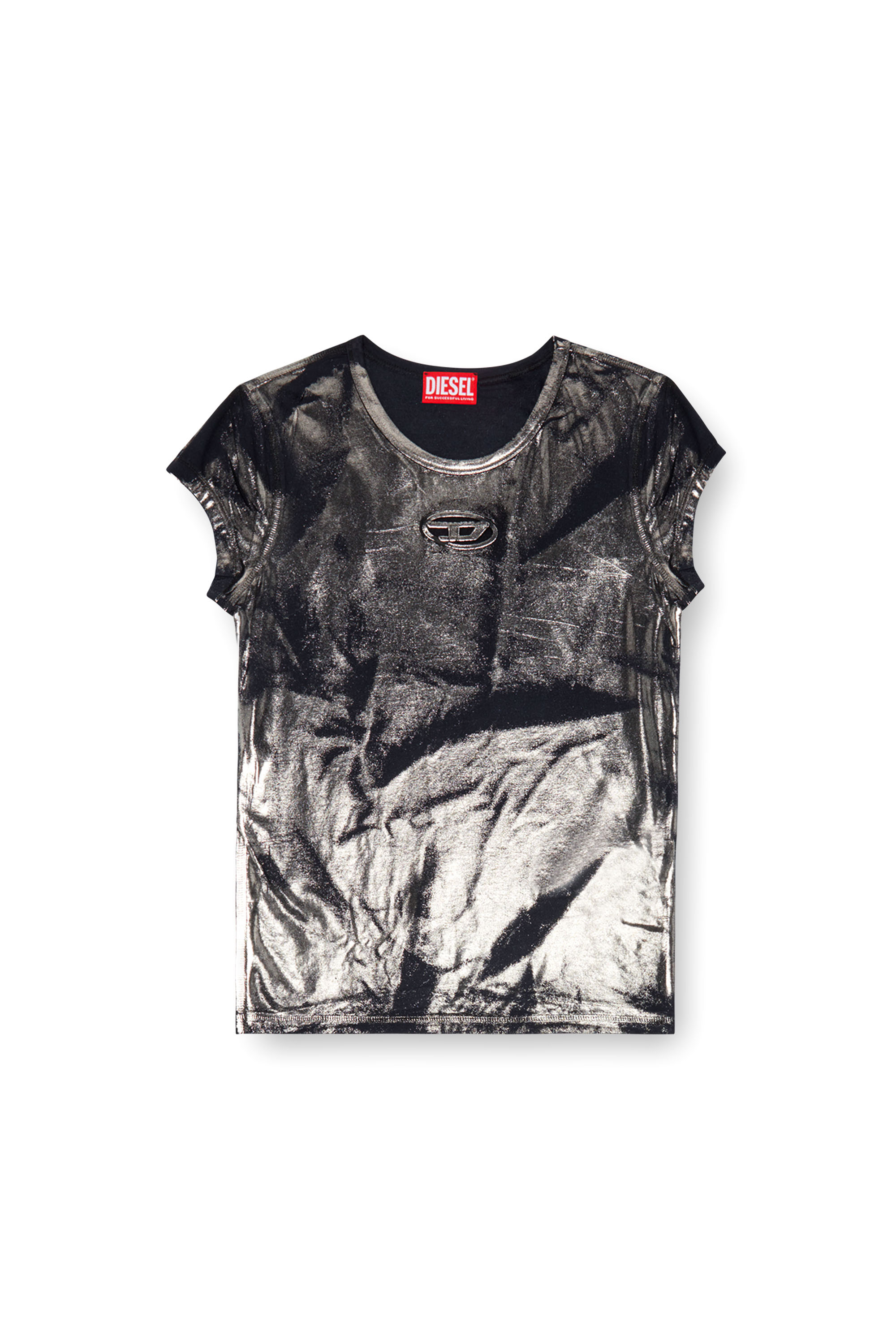 Diesel - T-ANGIE-P1, Woman's Foiled T-shirt with cut-out logo in Black - 3