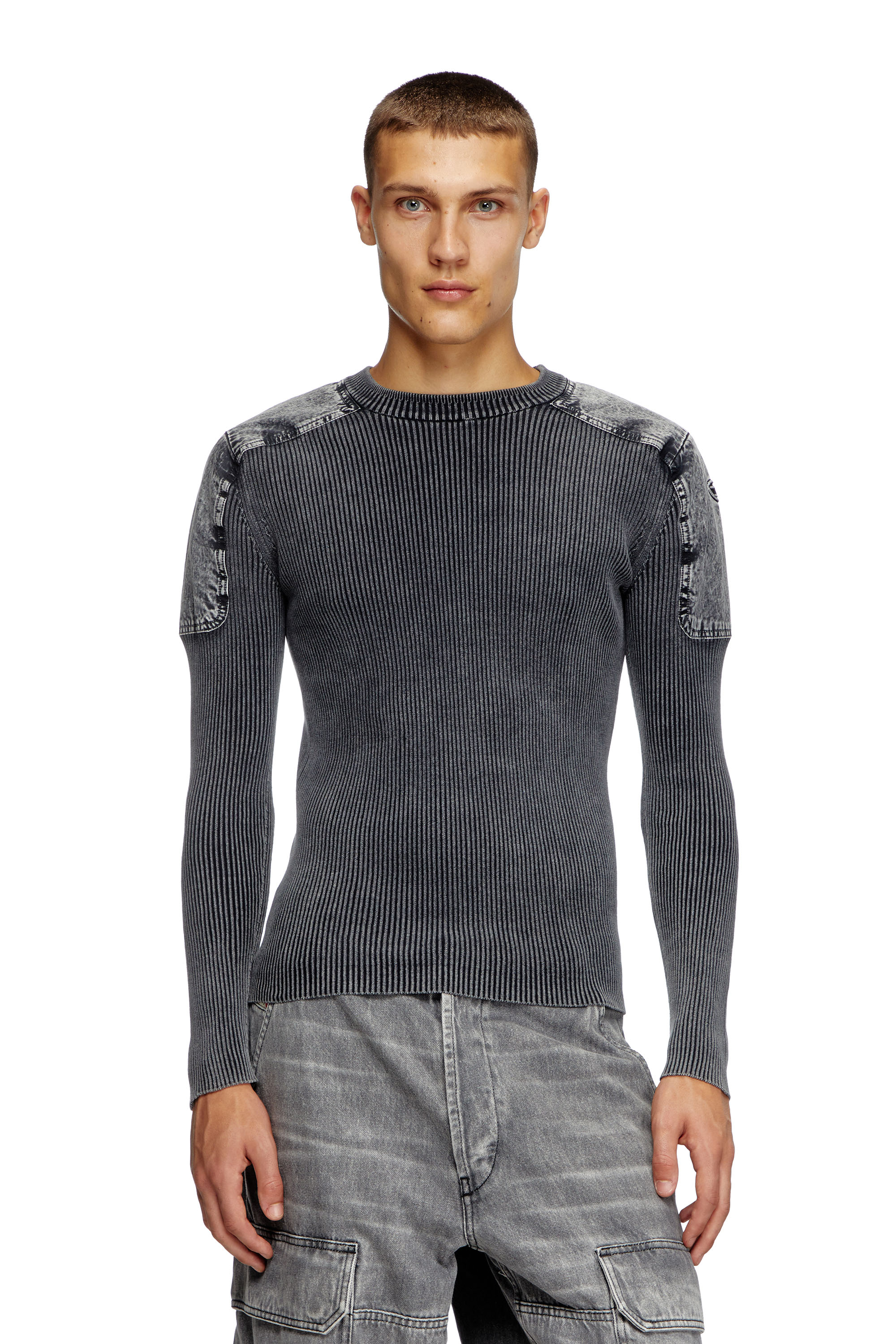 Diesel - K-MARTIN, Jersey con paneles de denim en los hombros Hombre in Gris - 3