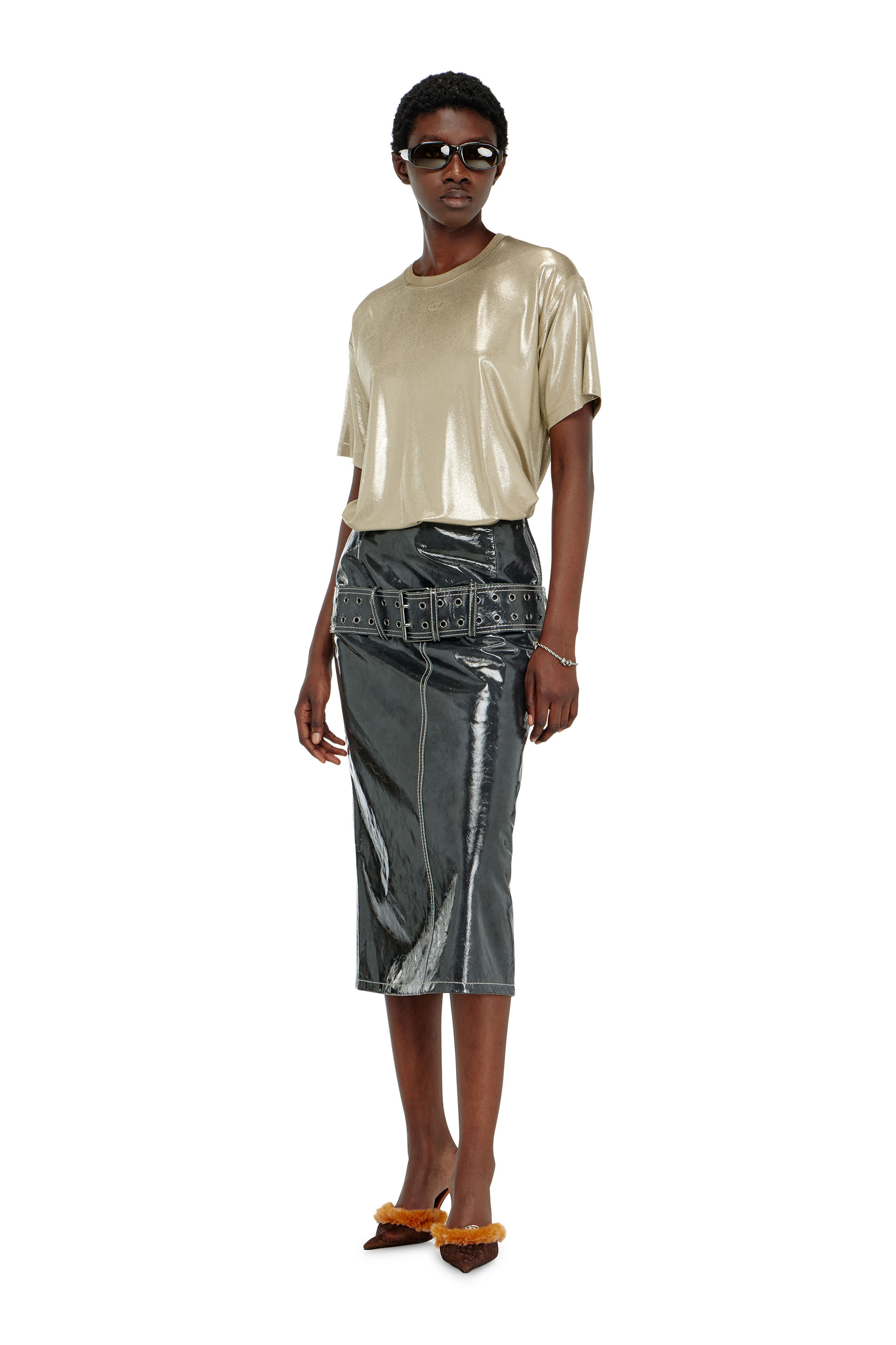 Diesel - T-NORMY-AA2, Camiseta de punto con acabado metalizado Mujer in Beige - 1