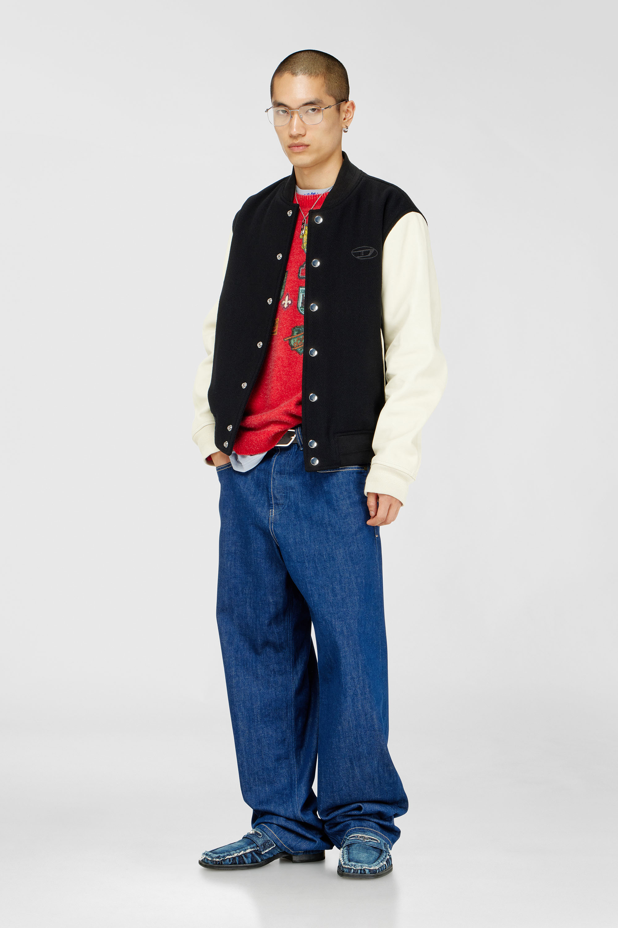 Diesel - L-ARRY-WRD, Chaqueta bomber en mezcla de lana y cuero Hombre in Multicolor - 2