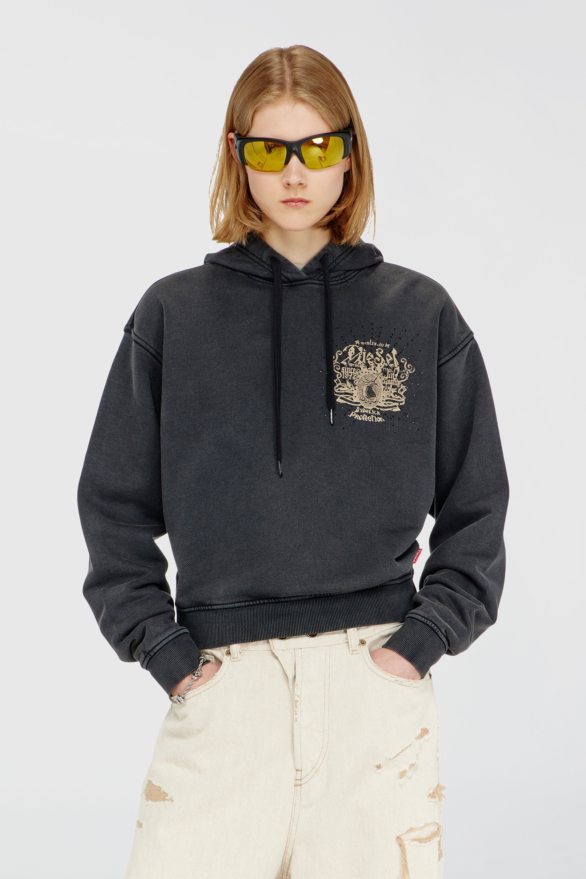 Diesel - F-PHOENY, Sudadera con capucha, estampados y tachuelas de strass Mujer in Negro - 1