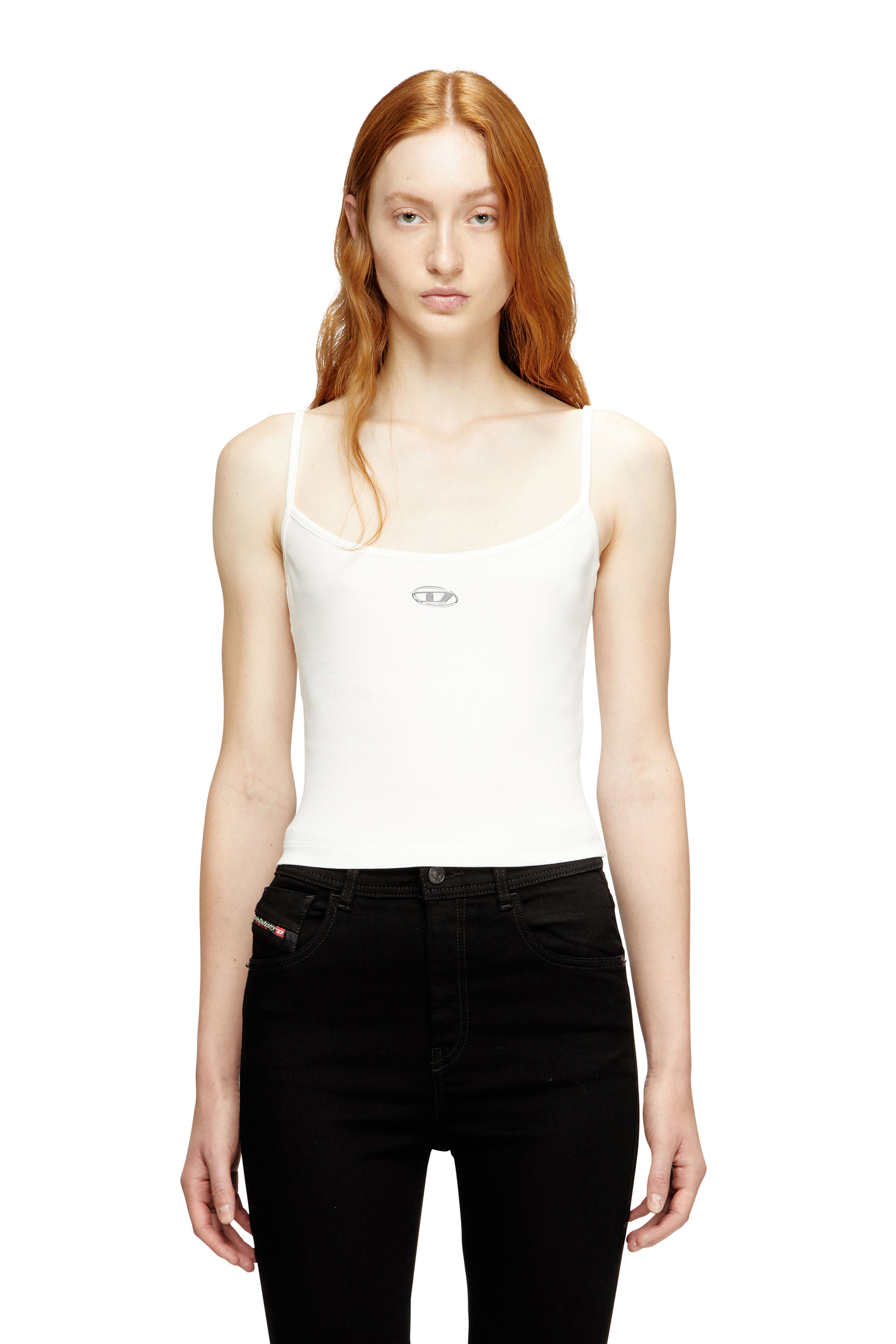 Diesel - T-HUPY-OD, Top de canalé con Oval D metálico Mujer in Blanco - 1