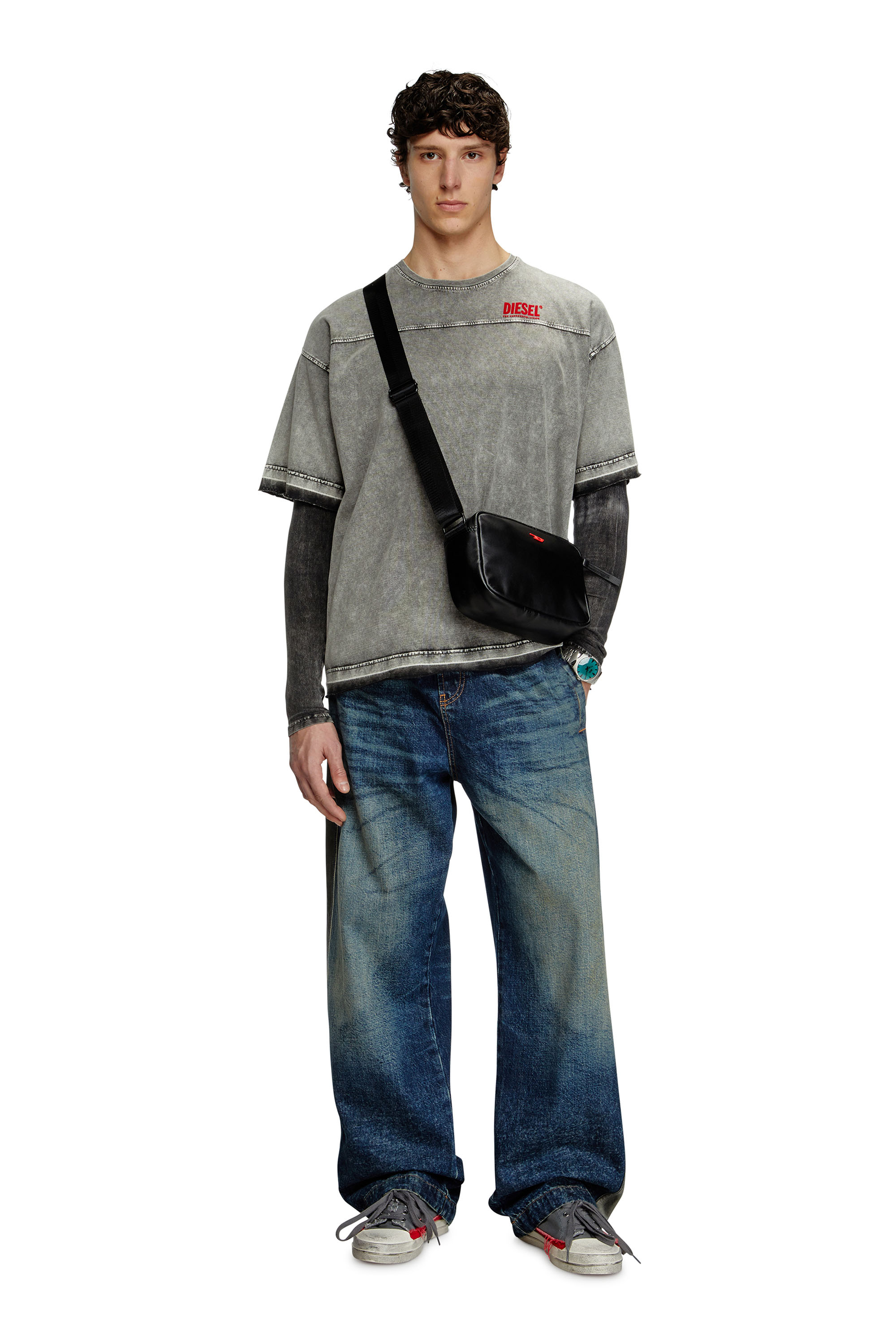 Diesel - T-HOXT, Camiseta con apariencia denim y dobladillos sueltos Hombre in Gris - 2