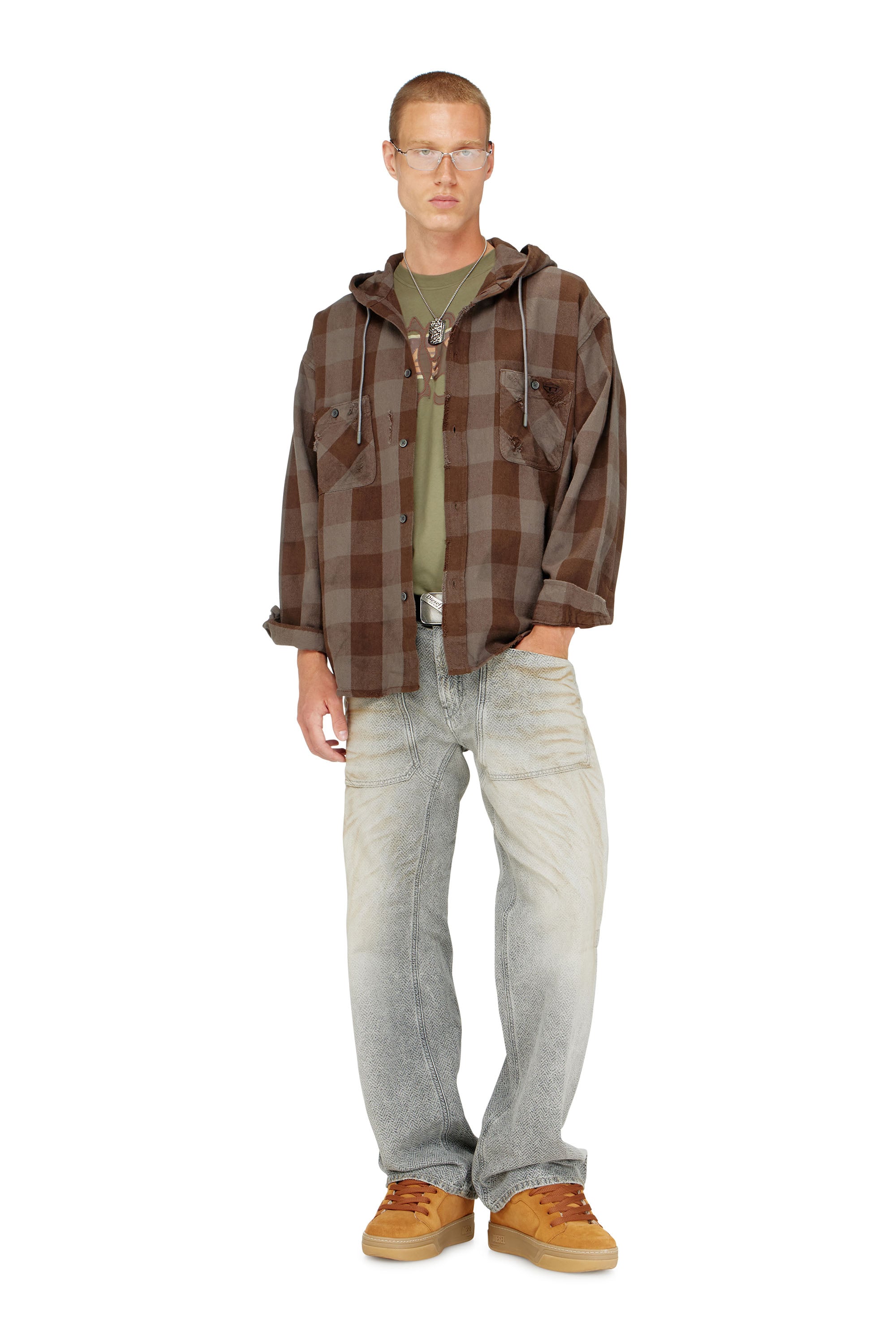Diesel - S-DRUM-HOODY, Camisa con capucha efecto desgastado en franela de cuadros Hombre in ToBeDefined - 2