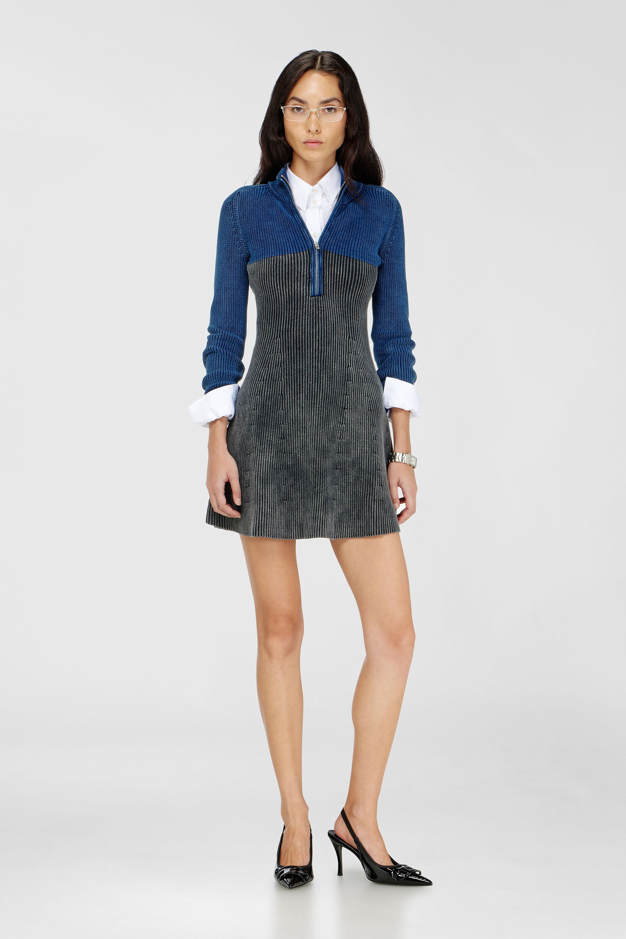 Diesel - M-HERMOSA, Vestido mini de punto con efecto denim bicolor Mujer in Multicolor - 2