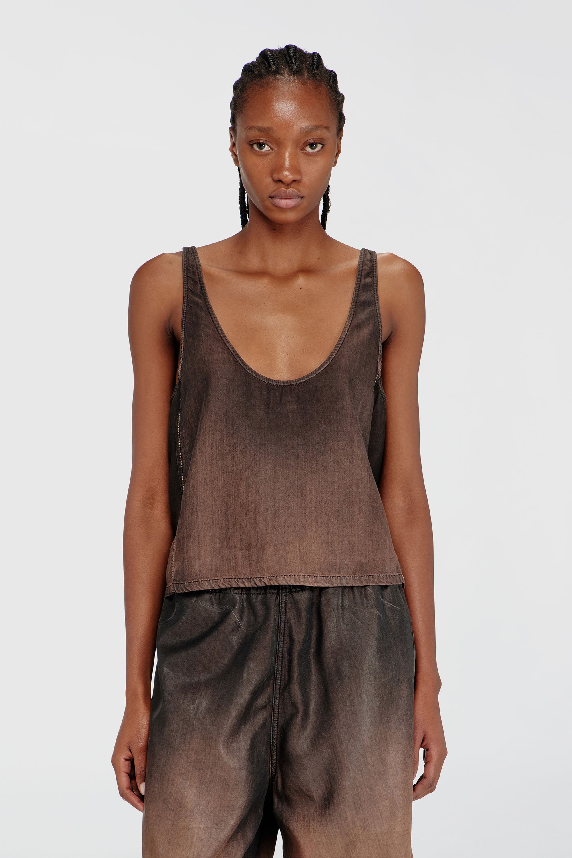 Diesel - DE-NORIAN-S, Camiseta de tirantes en denim fluido con lavado oscuro Mujer in Marr&oacute;n - 1