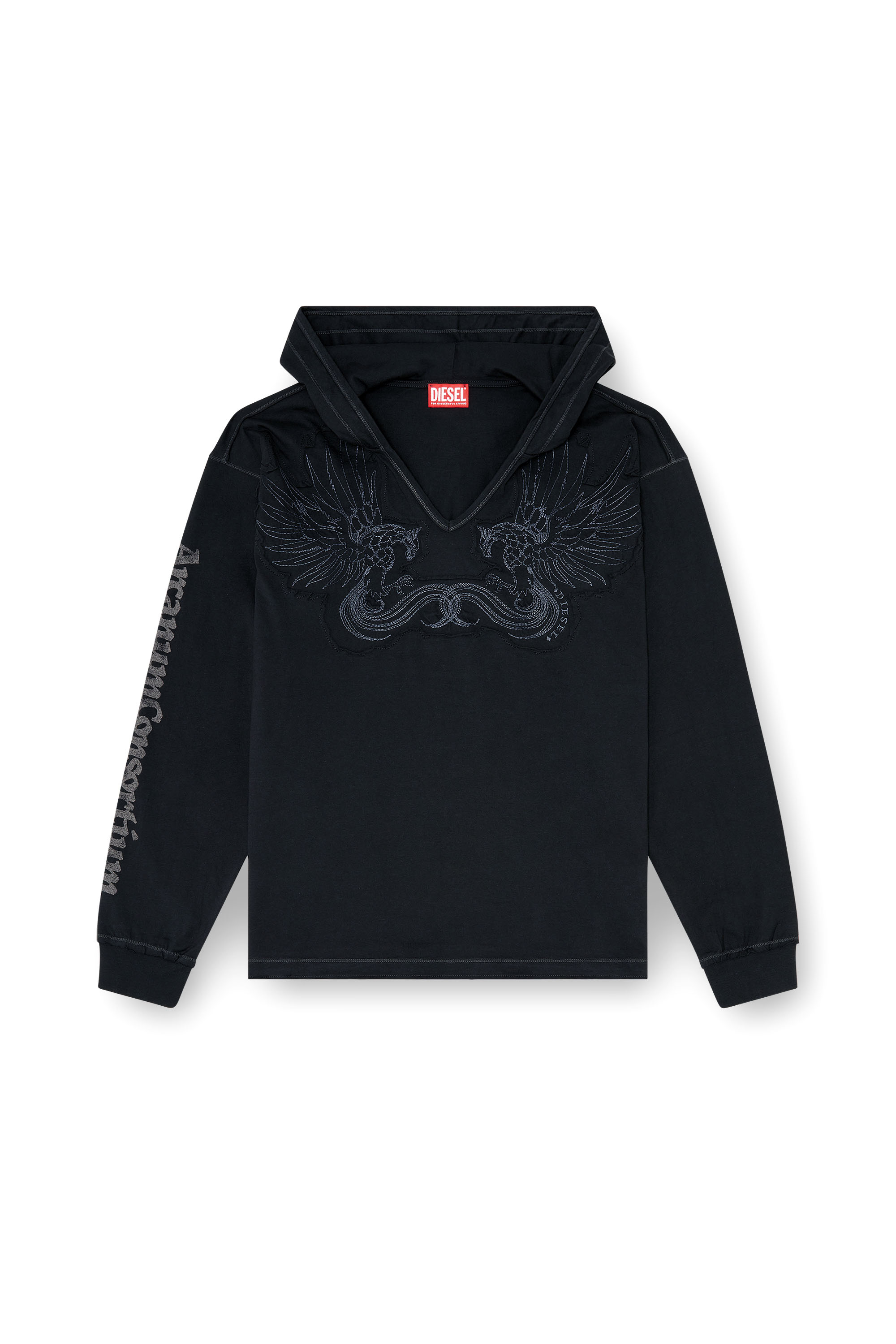 Diesel - T-PHEN-LS-HOOD-RIB, Sudadera con capucha, escote en pico y bordado delantero Hombre in Negro - 3