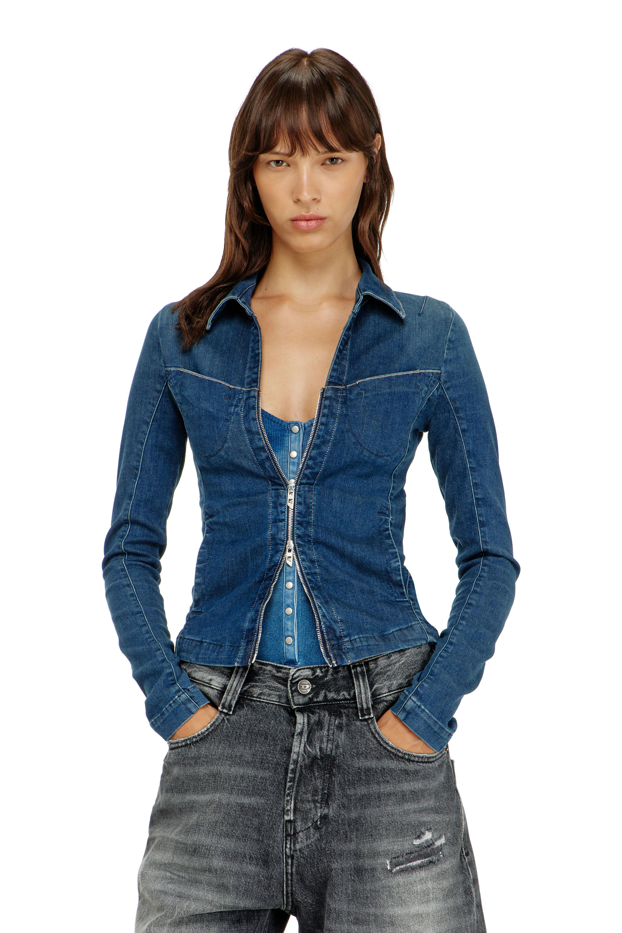 Diesel - DE-QUINOR-S1, Camisa con cremallera completa en denim Mujer in Azul marino - 1
