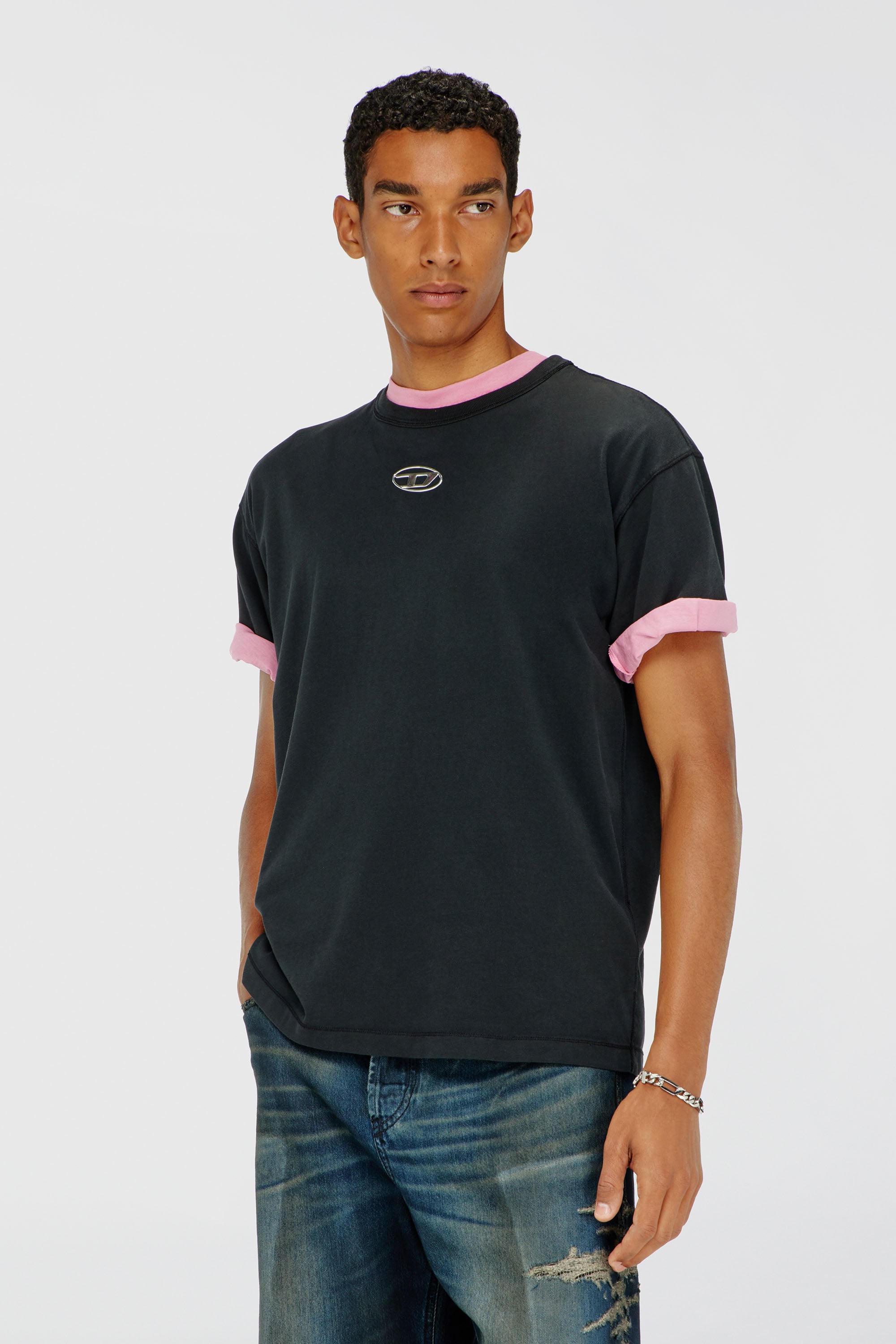 Diesel - T-NORM-IOD, Camiseta ligera de algod&oacute;n con logotipo Oval D met&aacute;lico Hombre in Negro - 1
